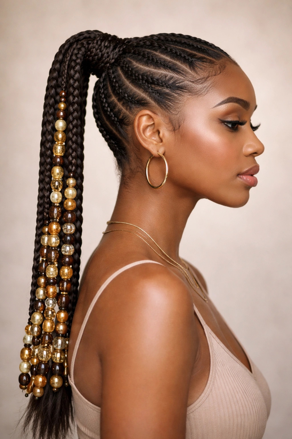 Close-up of a braided ponytail with beads highlighting protective hairstyle