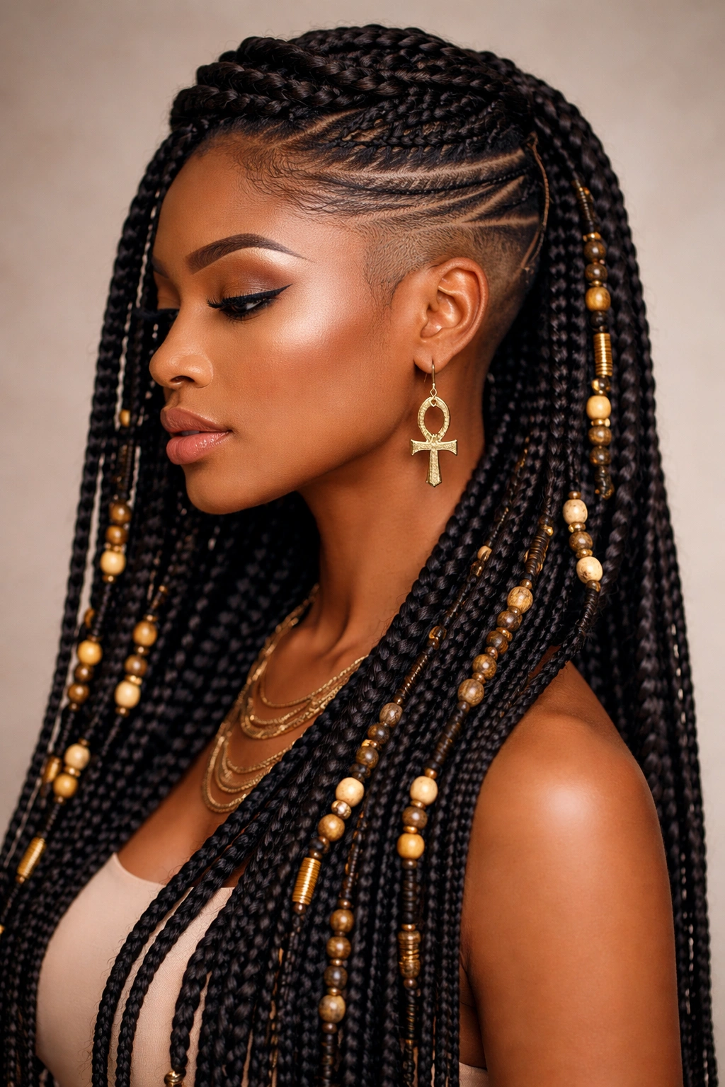 Close-up of beaded Yoruba braids with a crown twist and shaved undercut