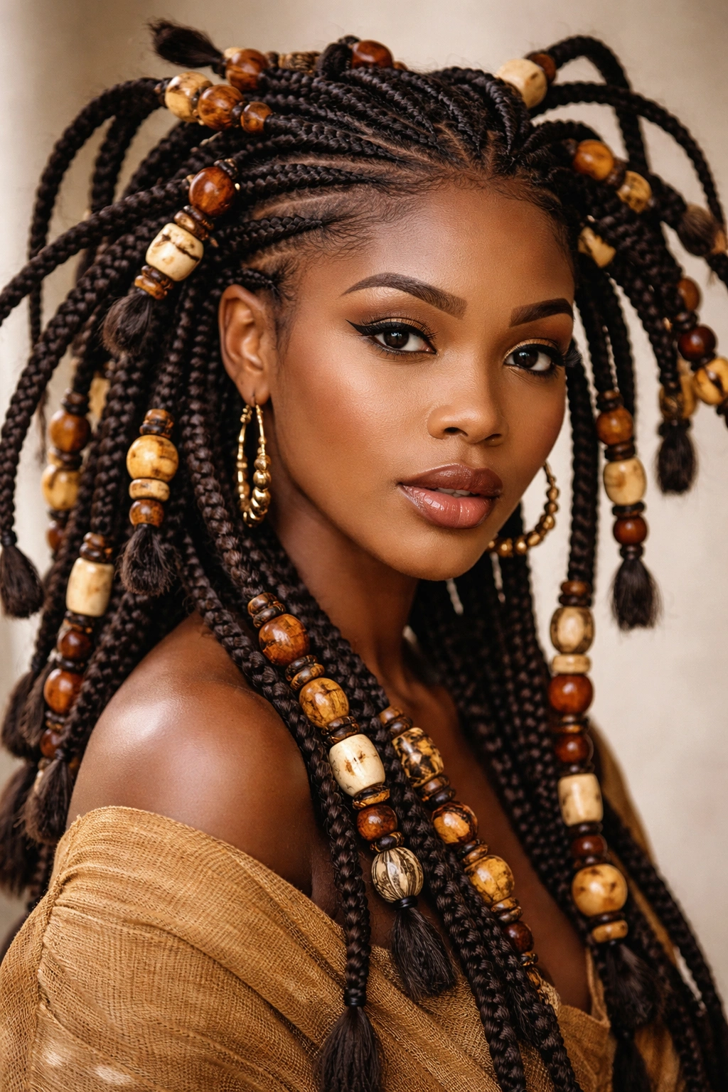 Close-up of multi-directional beaded Yoruba braids with varied beads