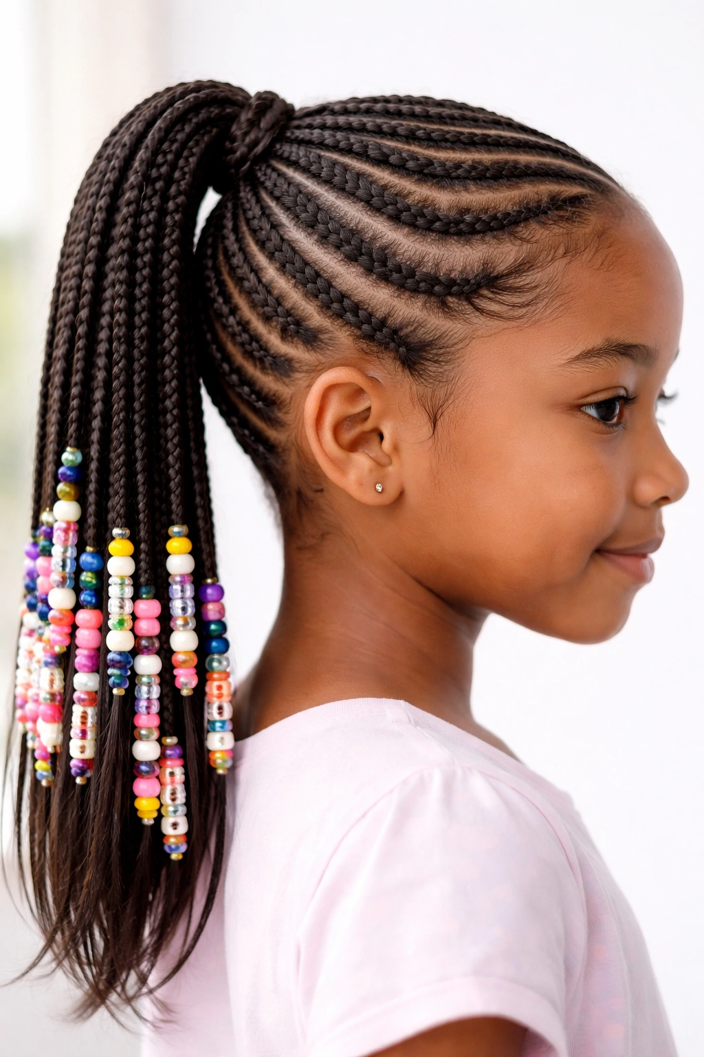 Side view of cornrow ponytail with colorful beads on braids