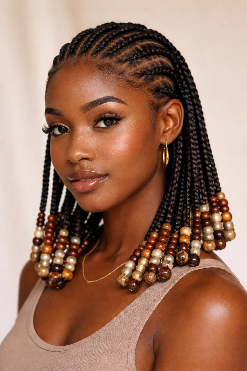 Cornrows decorated with beads threaded onto the braids