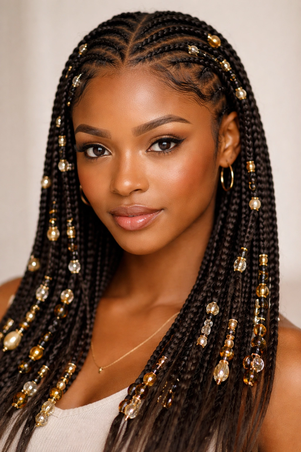 Beaded cornrows with cuffs along braids