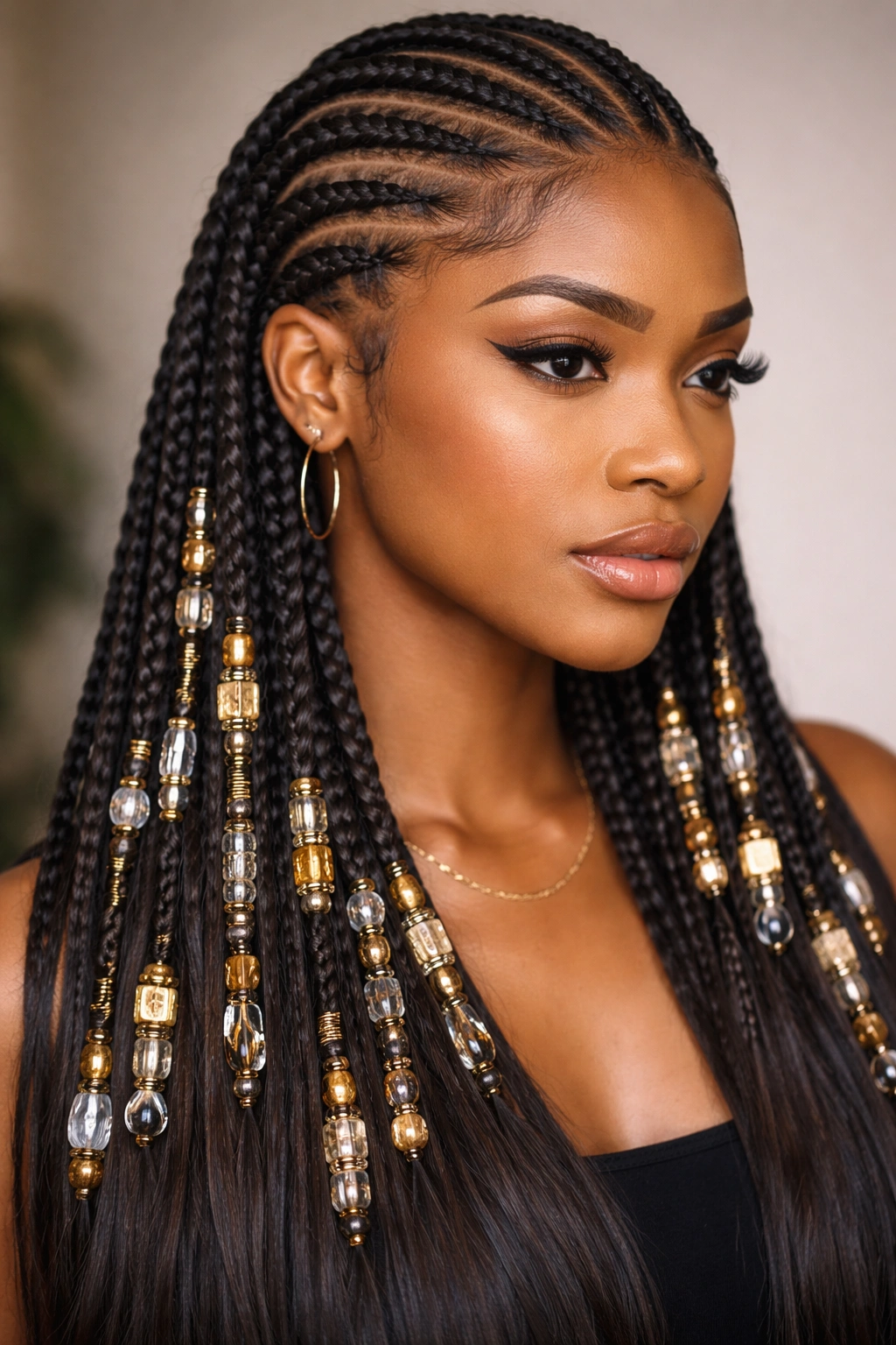 Close-up of feed-in cornrows with beads along the braids