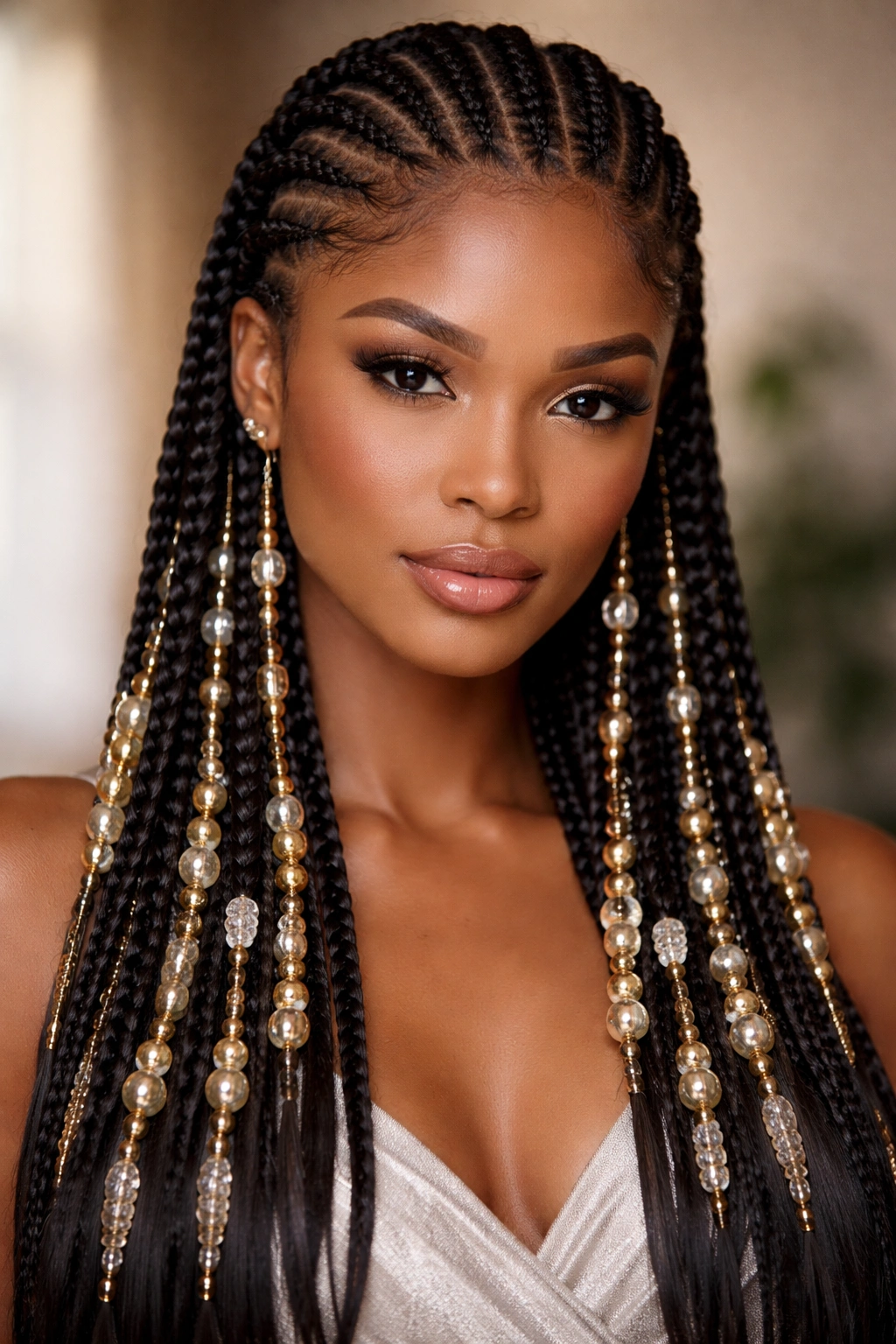 Cornrows with beads running along braids, creating a luxe date-night look
