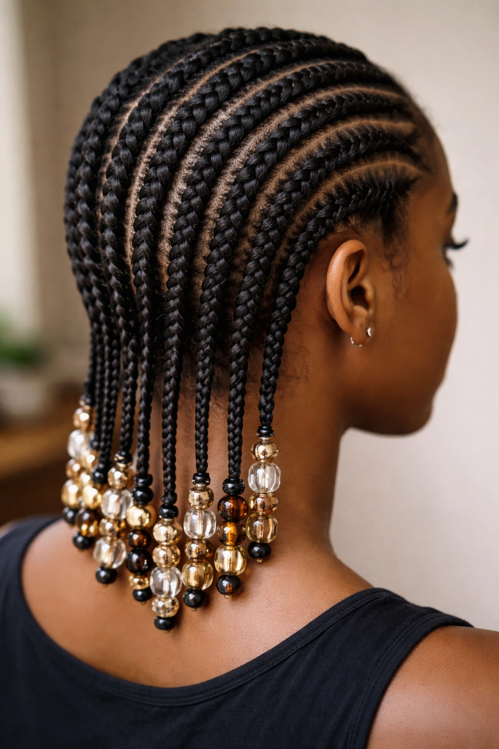Cornrows with beads at the ends of braids