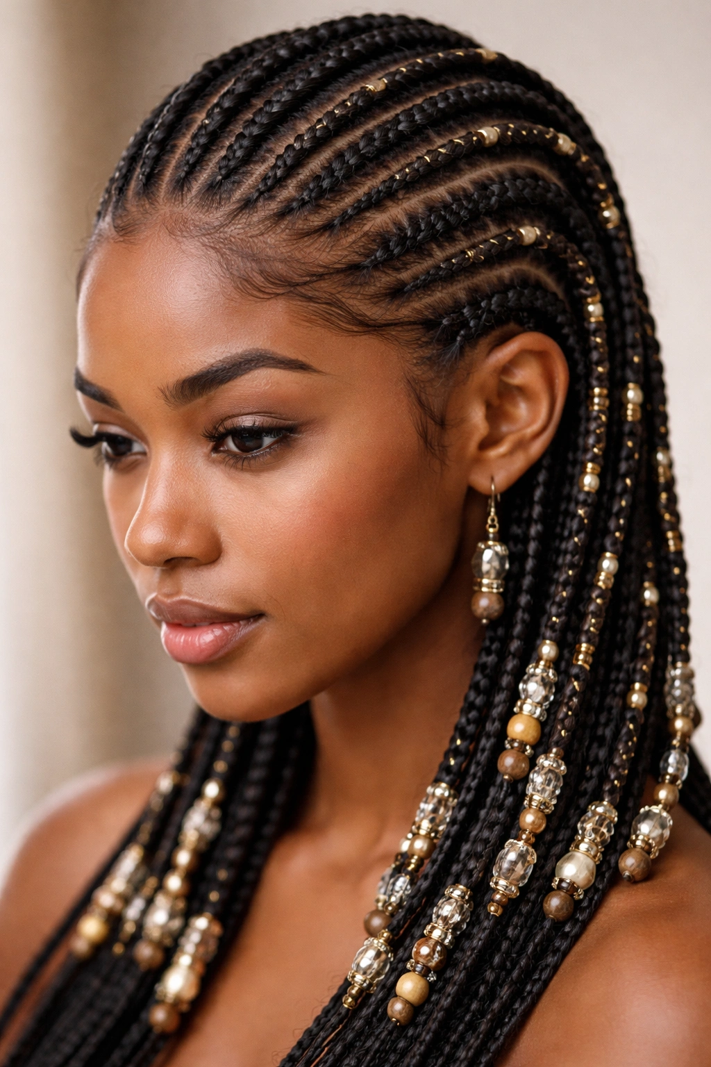 Close-up of cornrows with beads along their length