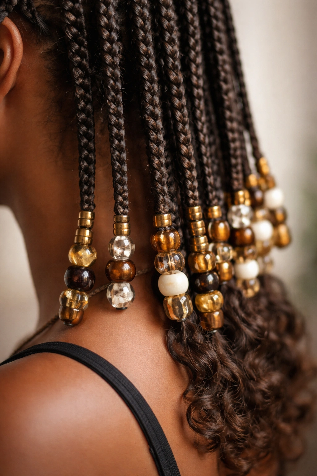 Close-up of cornrows with beads at the ends catching light