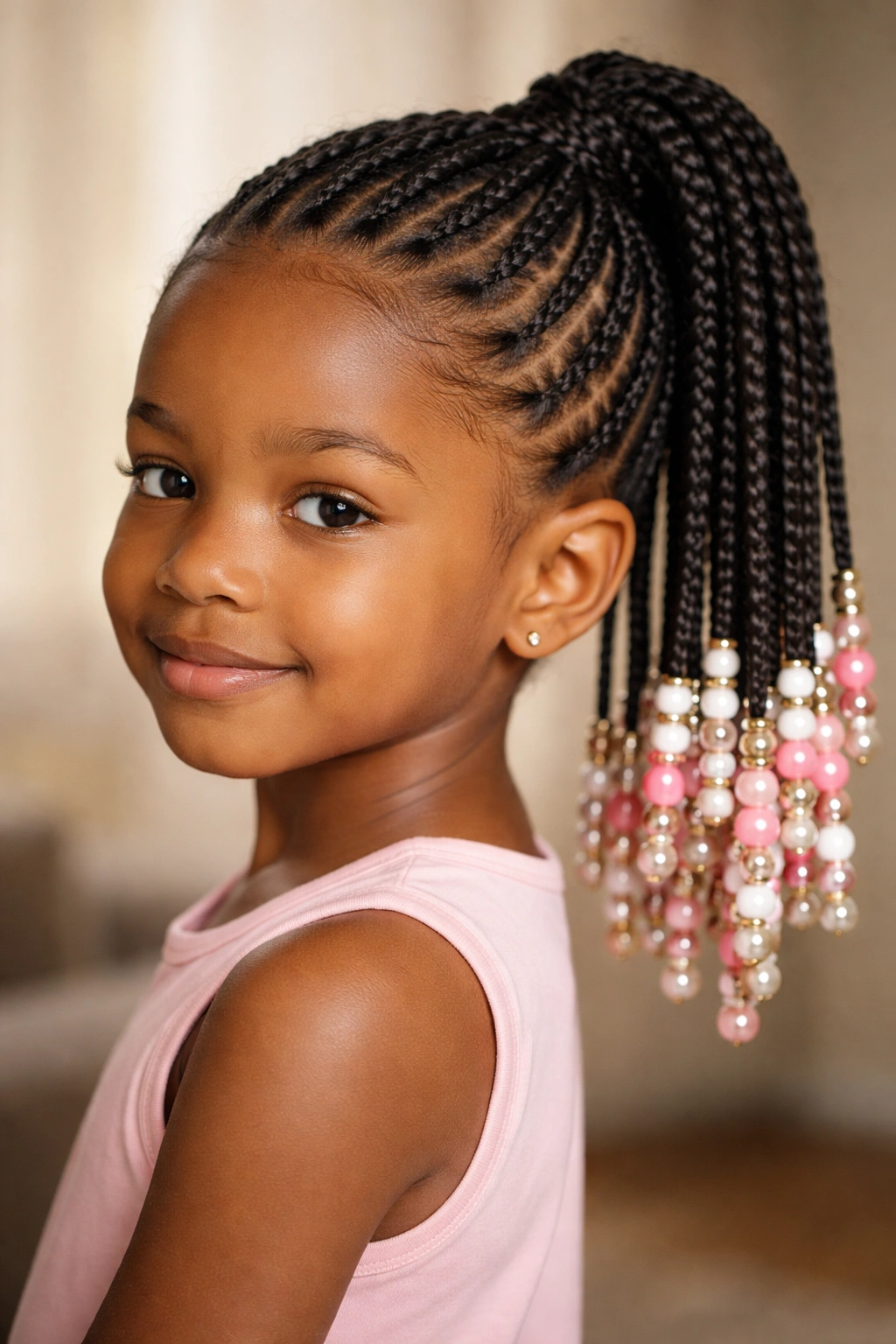 Cornrow ponytail with beaded ends on a child's hair