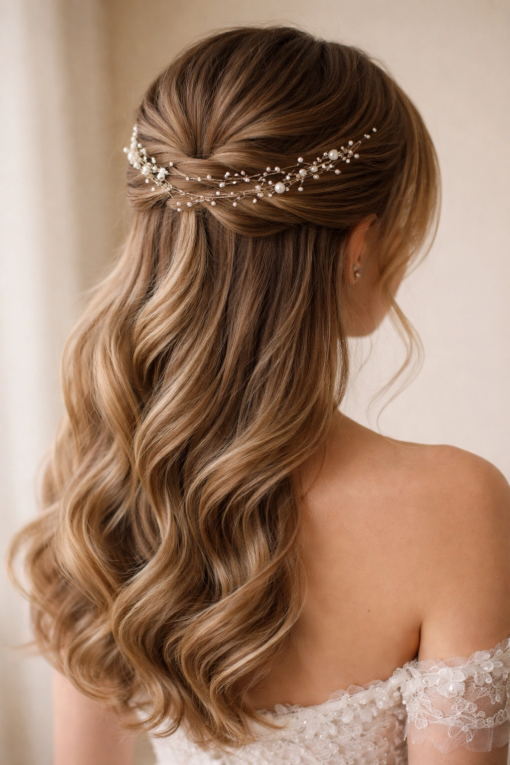 Hairstyle with beaded details woven into the upper half-up section