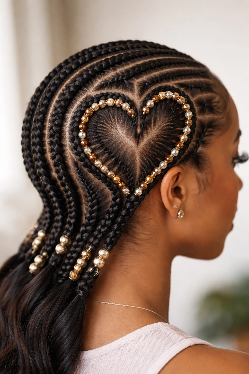 Heart shape outlined with beads along the hair, creating contrast and depth