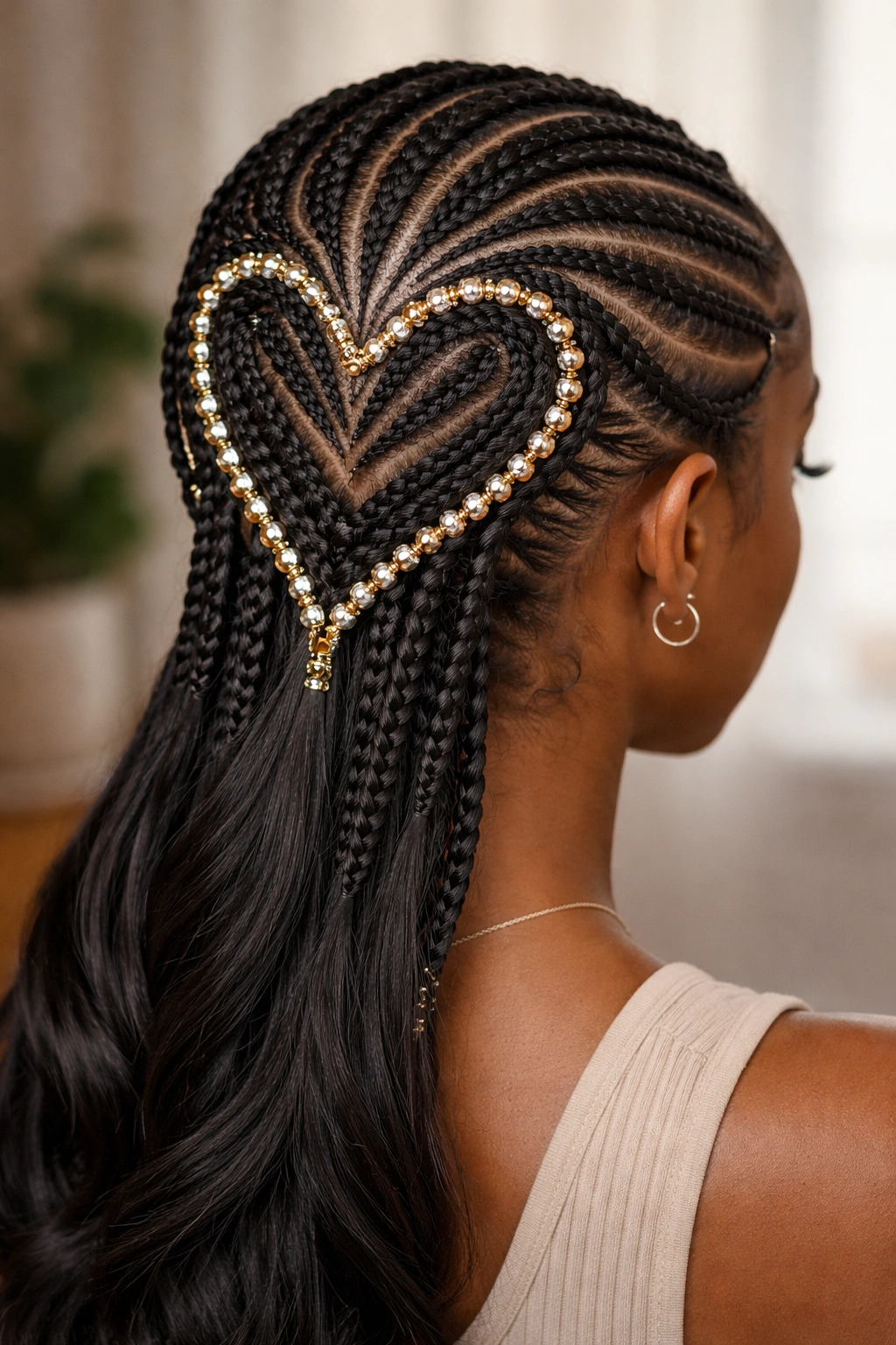 Beaded heart cornrow design on scalp