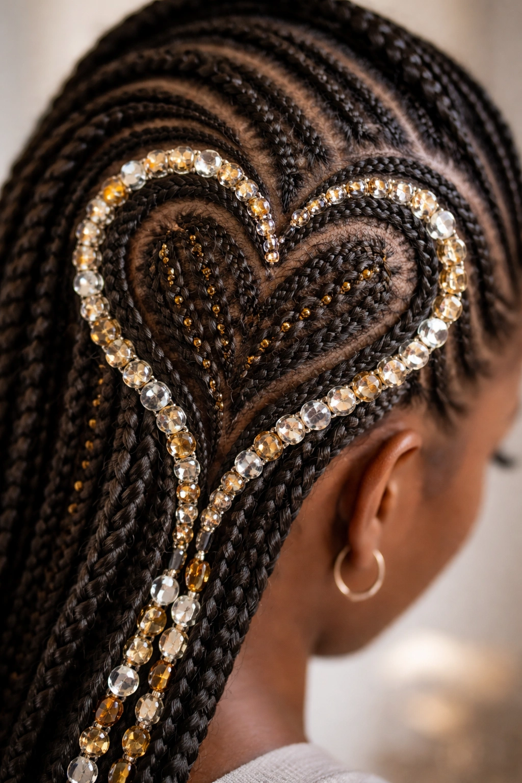 Heart-shaped cornrows with beads along outline and fill