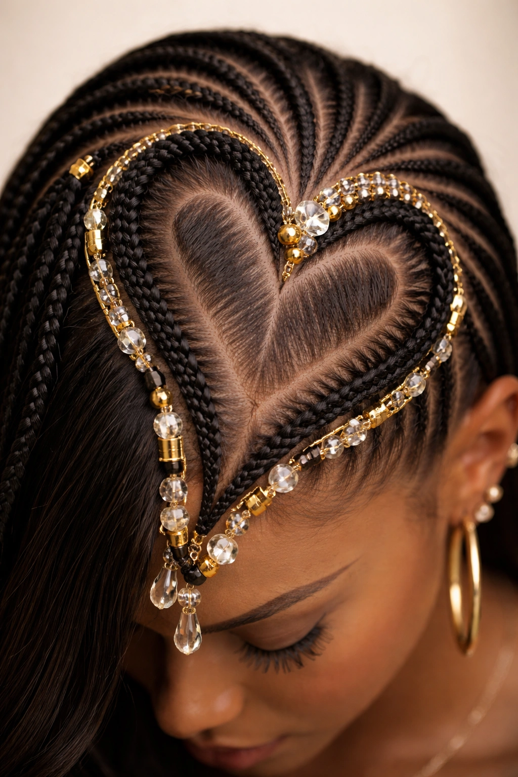Close-up of heart-shaped cornrow with beads and gold accents on scalp