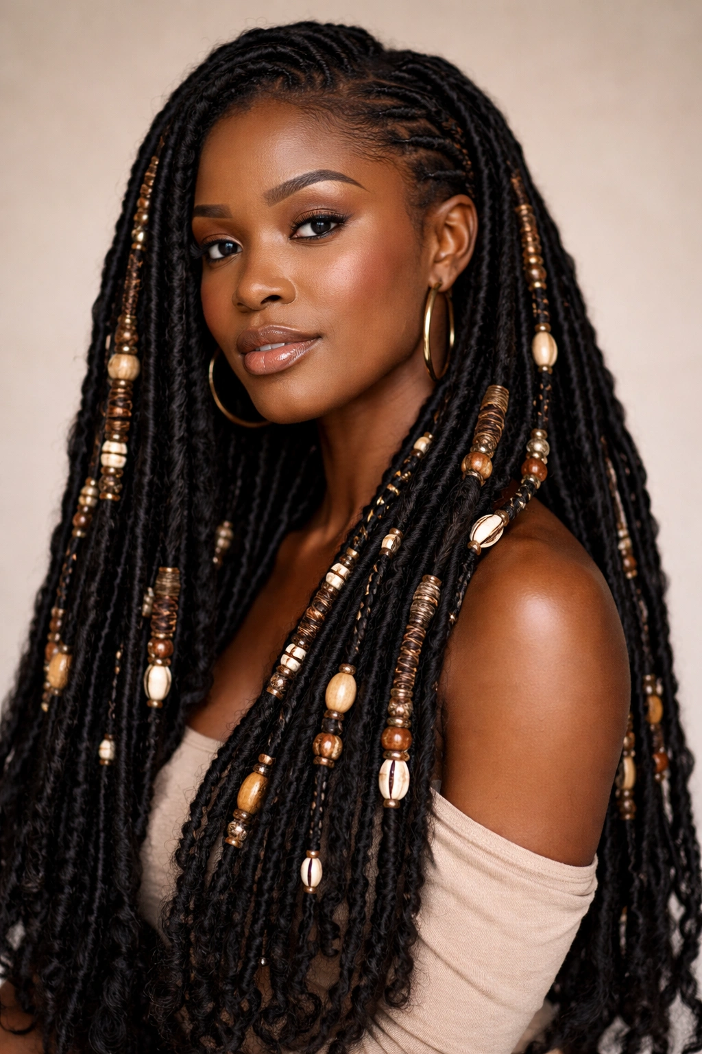 Loc extensions with wrapped and beaded sections on 4C hair