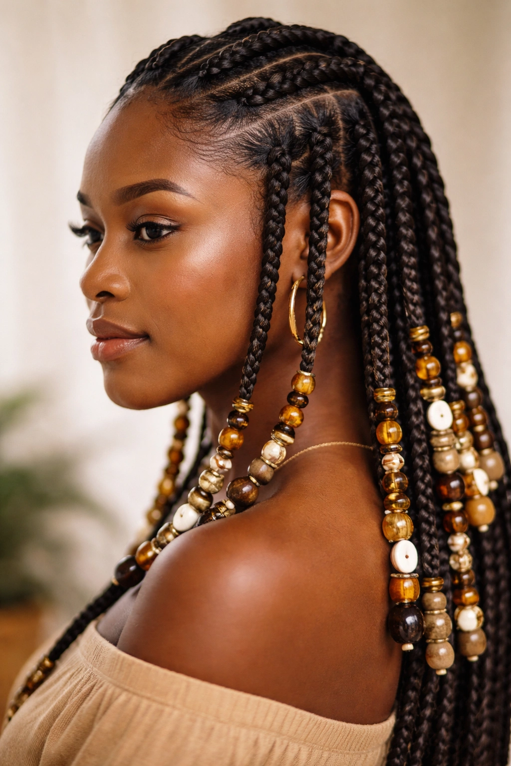 Beaded plaits with beads threaded onto braids catching light