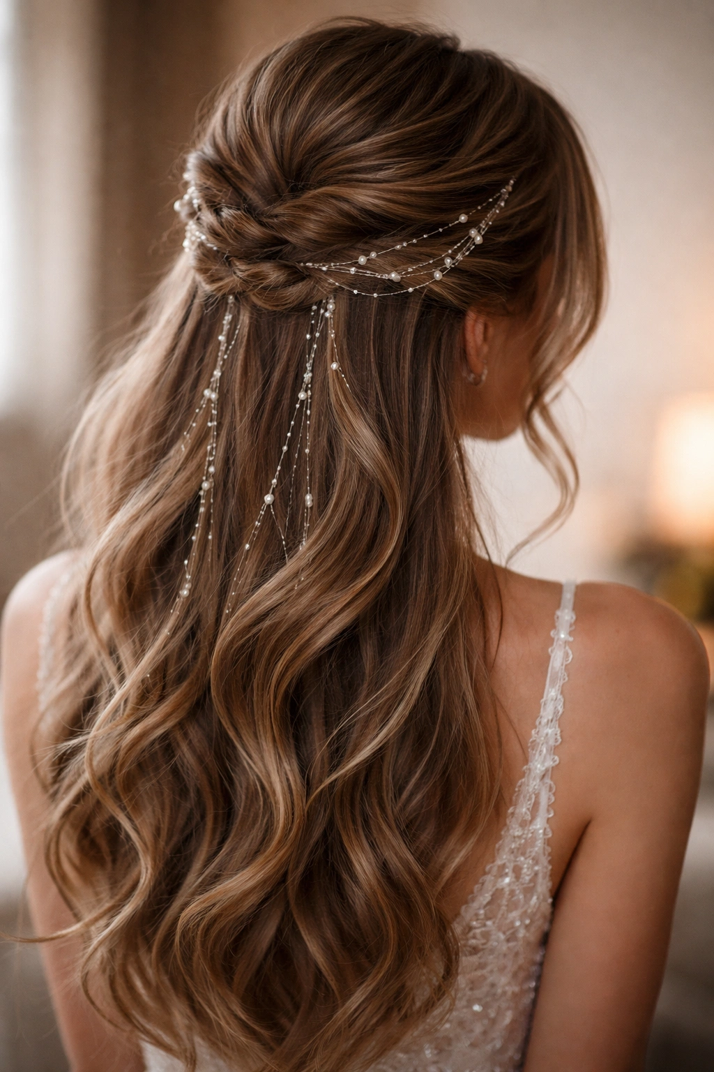 Half-up hairstyle with delicate beaded strings woven through