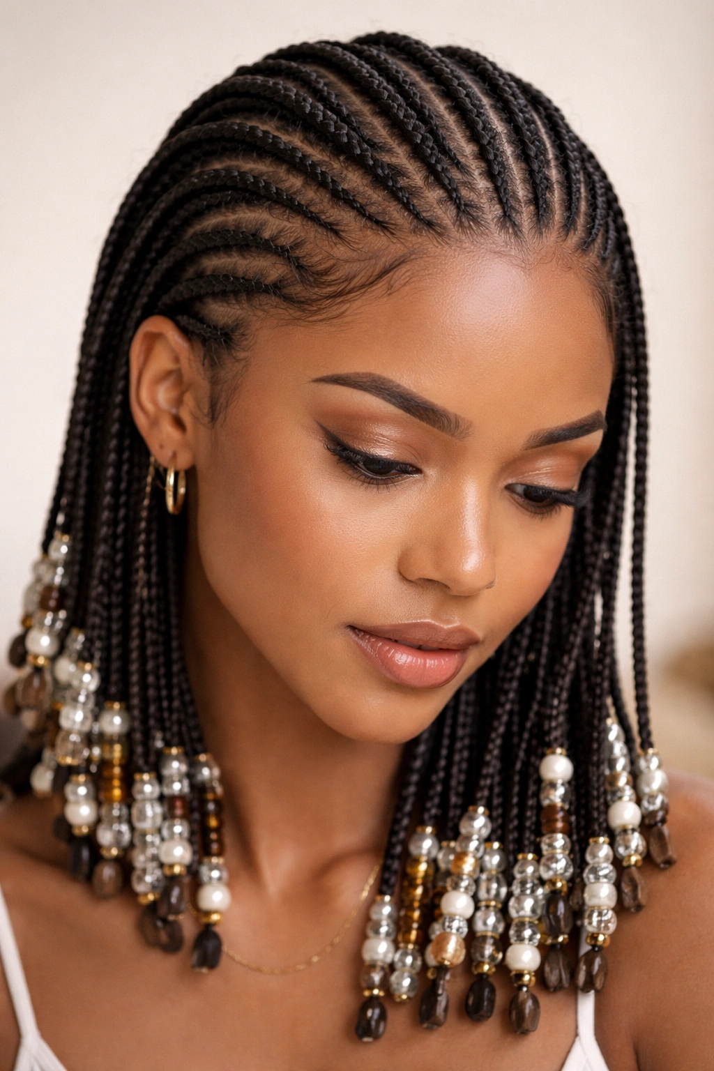 Head with numerous thin cornrows and beads