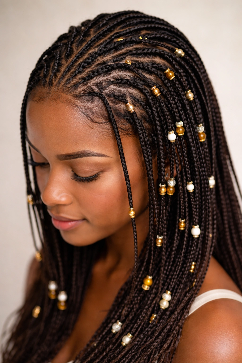 Intricate beaded Fulani braids scattered across the head