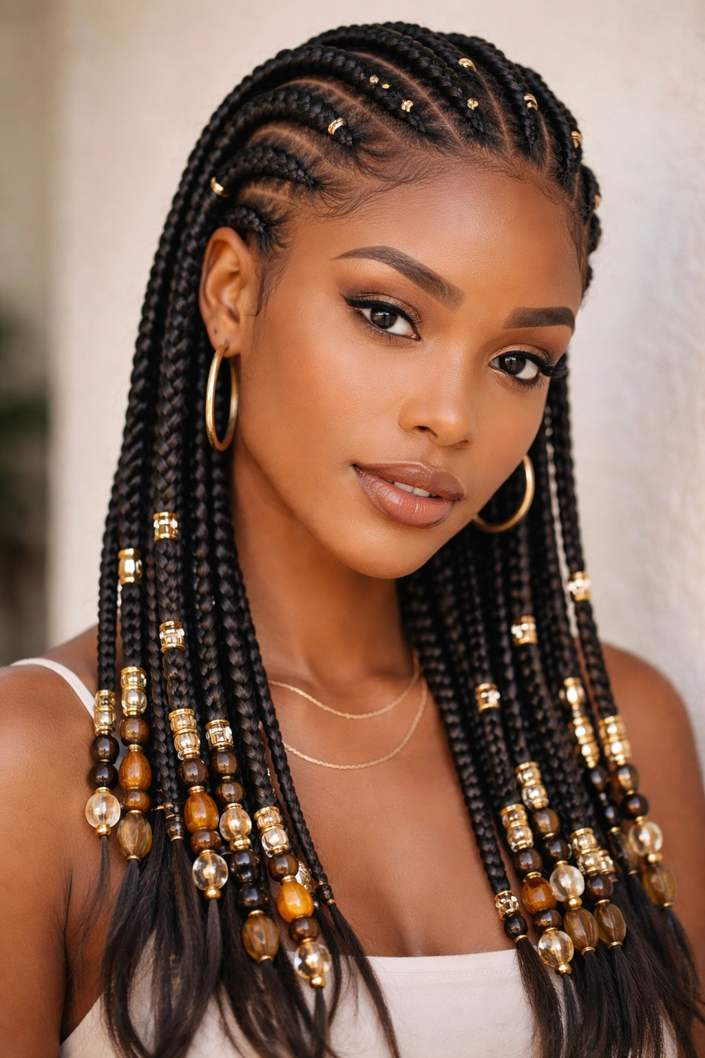 Feed-in cornrows adorned with beads and cuffs