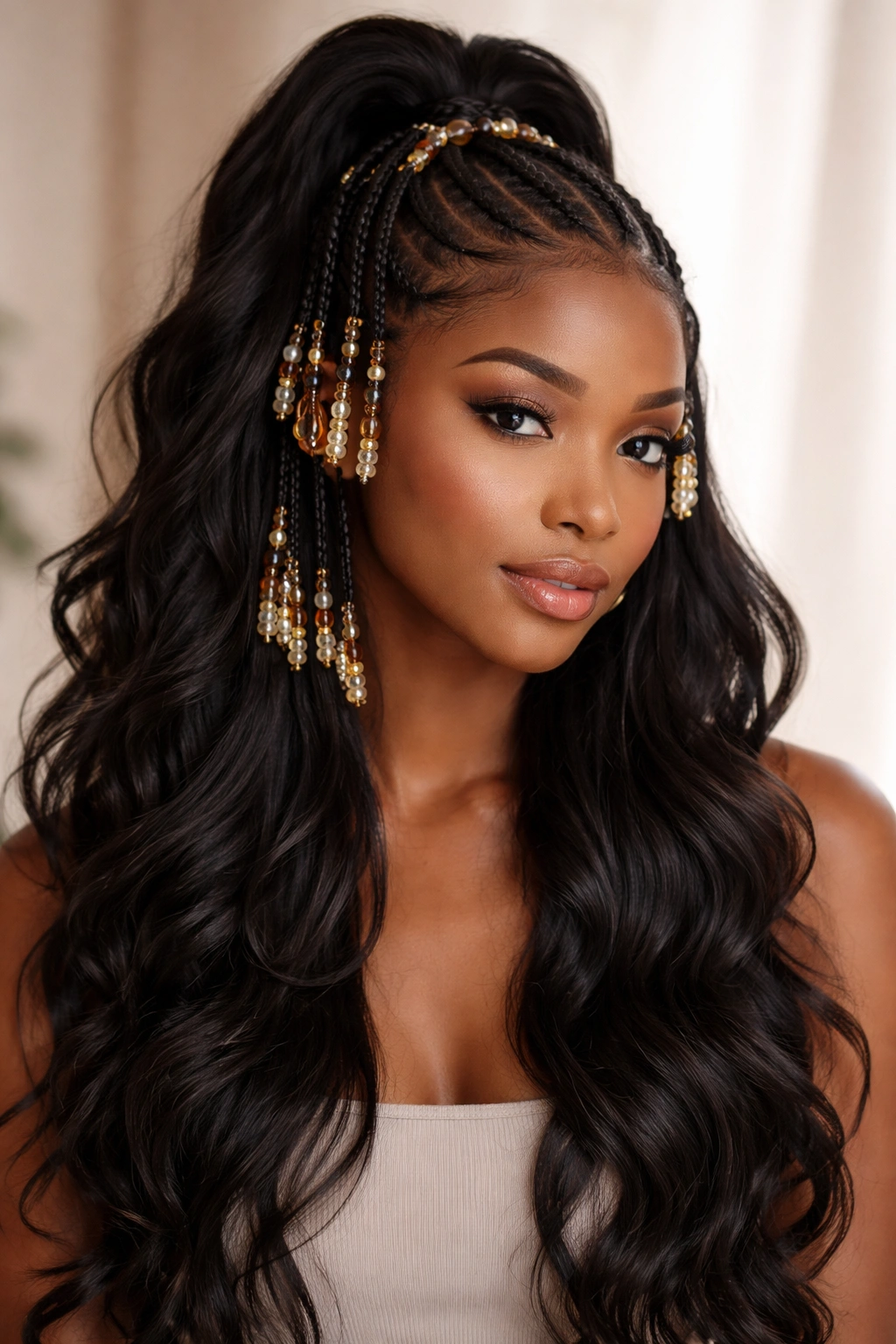 Beads threaded through upper braids and at the base of the gathered section