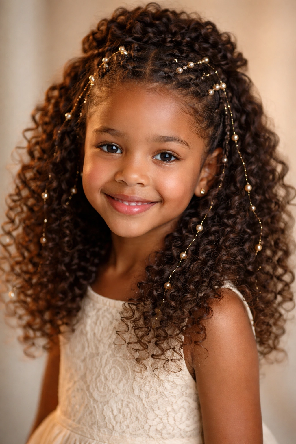 Child’s curly hair in a half-up style with beads woven into the gathered section.