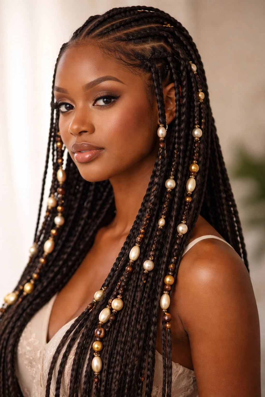 Beaded pearl Fulani braids with beads threaded on multiple braids