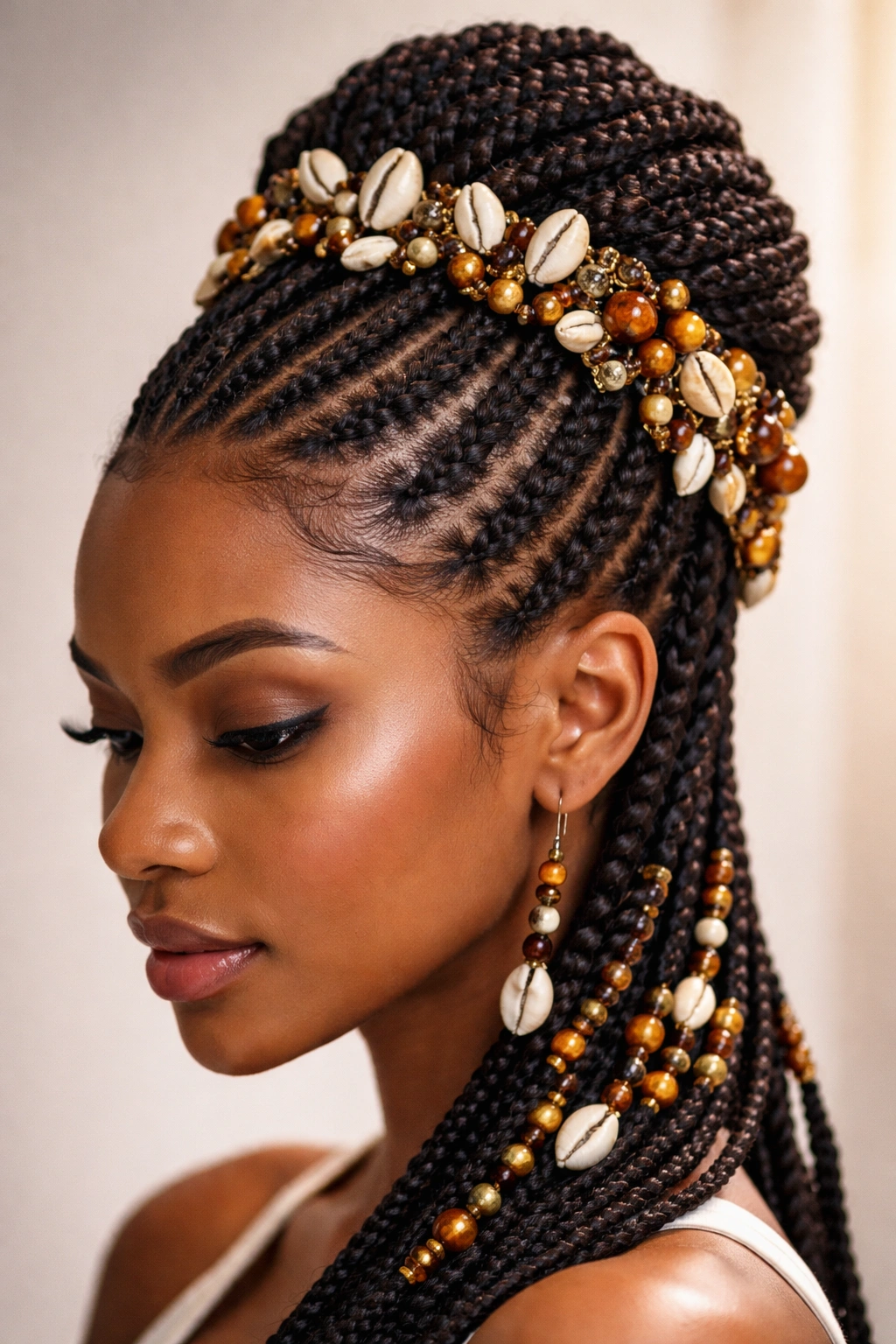 Beehive crown with beads and shells integrated into cornrow braids