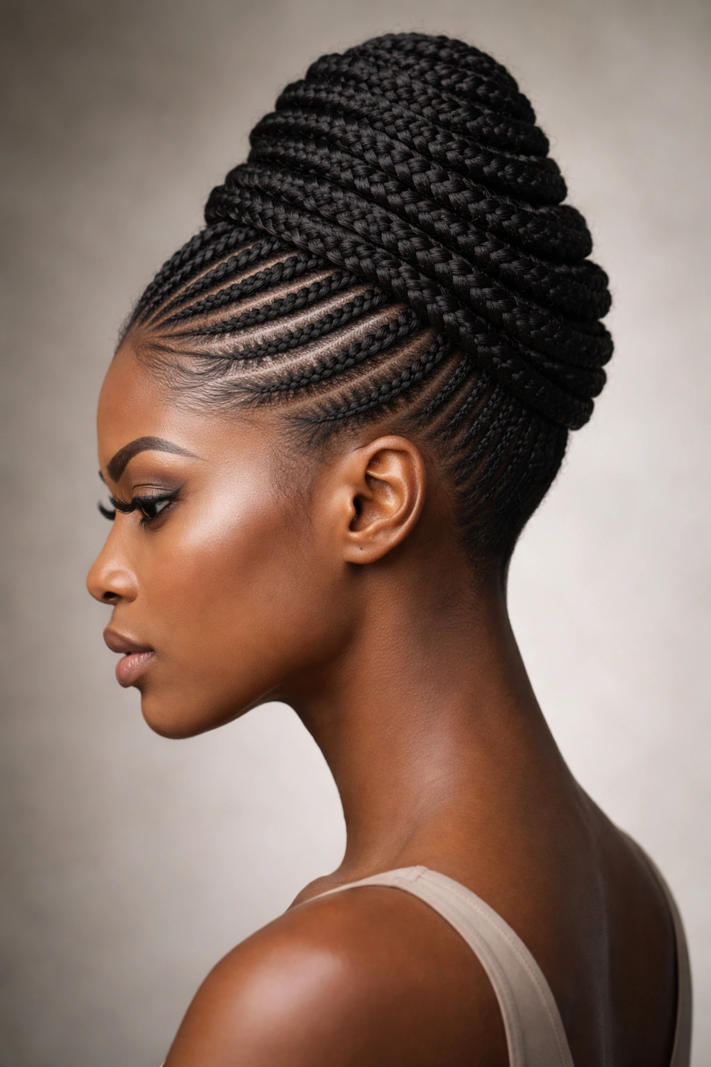 Close-up of a beehive cornrow style with shaved sides highlighting bold contrast