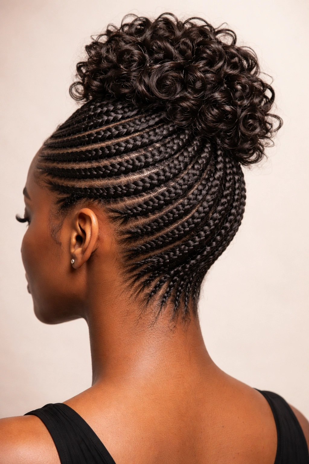 Beehive with Curled Crown showing curls at the top of braided crown