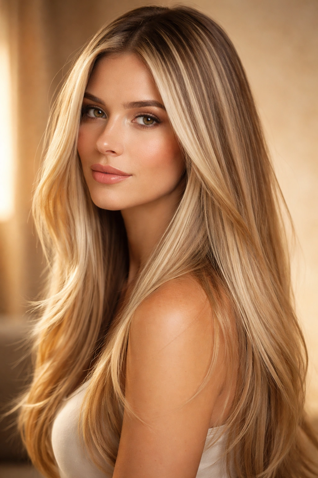 Straight hair with beige and butter blonde highlights for warm brightness.