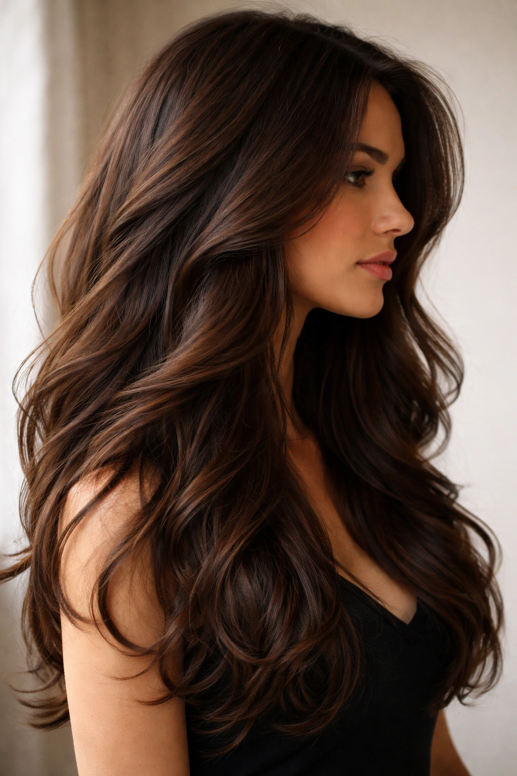 Close-up portrait of a brunette with long wavy hair showing hidden interior layers