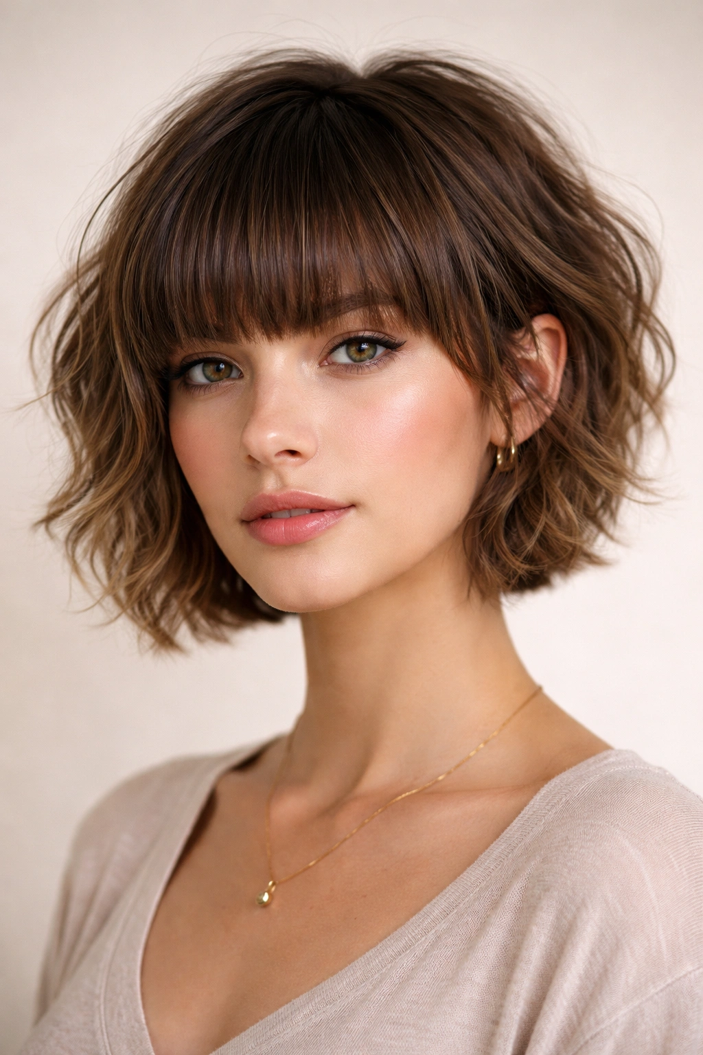 Bixie haircut with short back, longer sides, and thick bangs