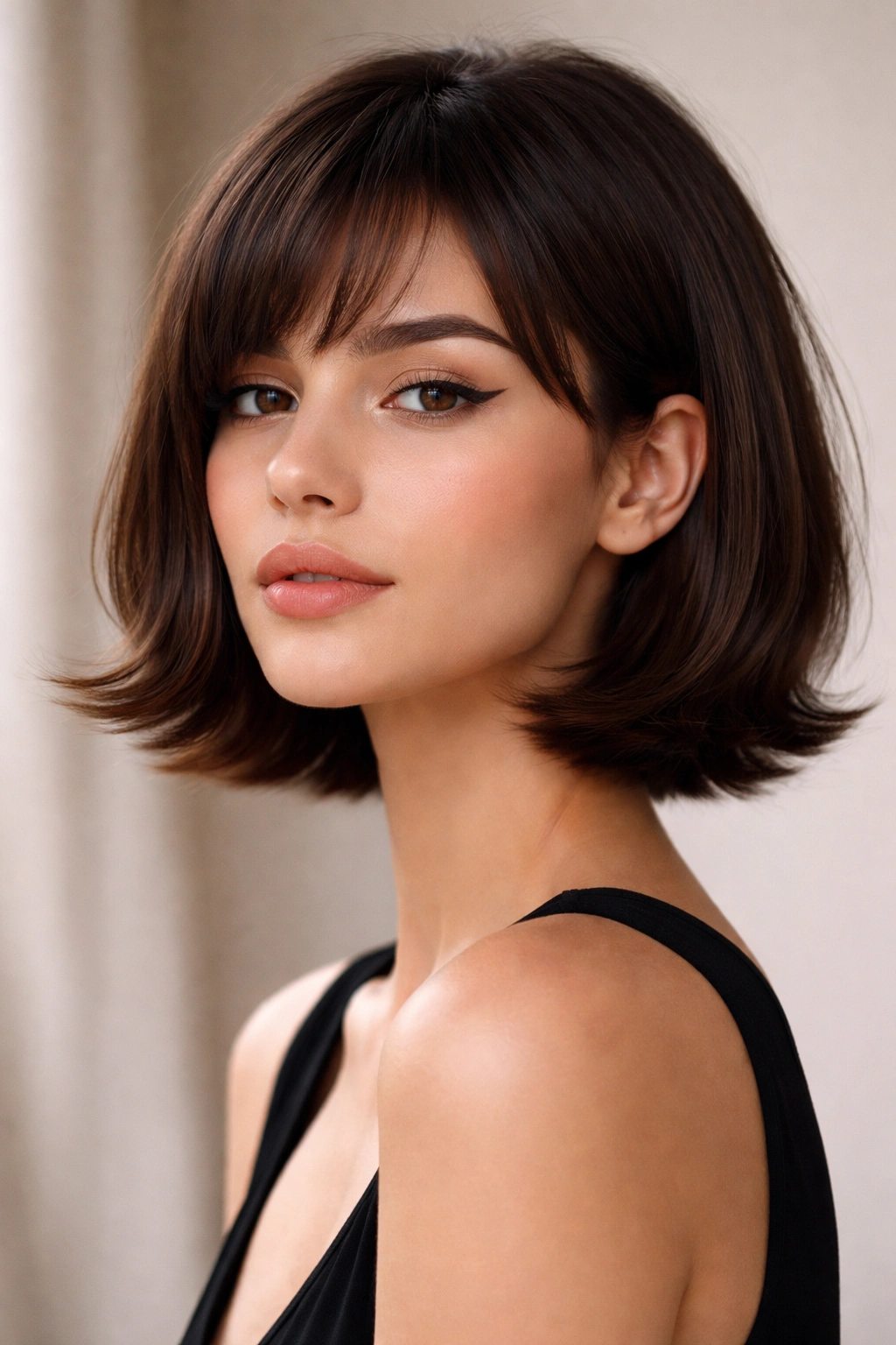 Close-up of a model with a bixie blunt bob and outward-curved ends