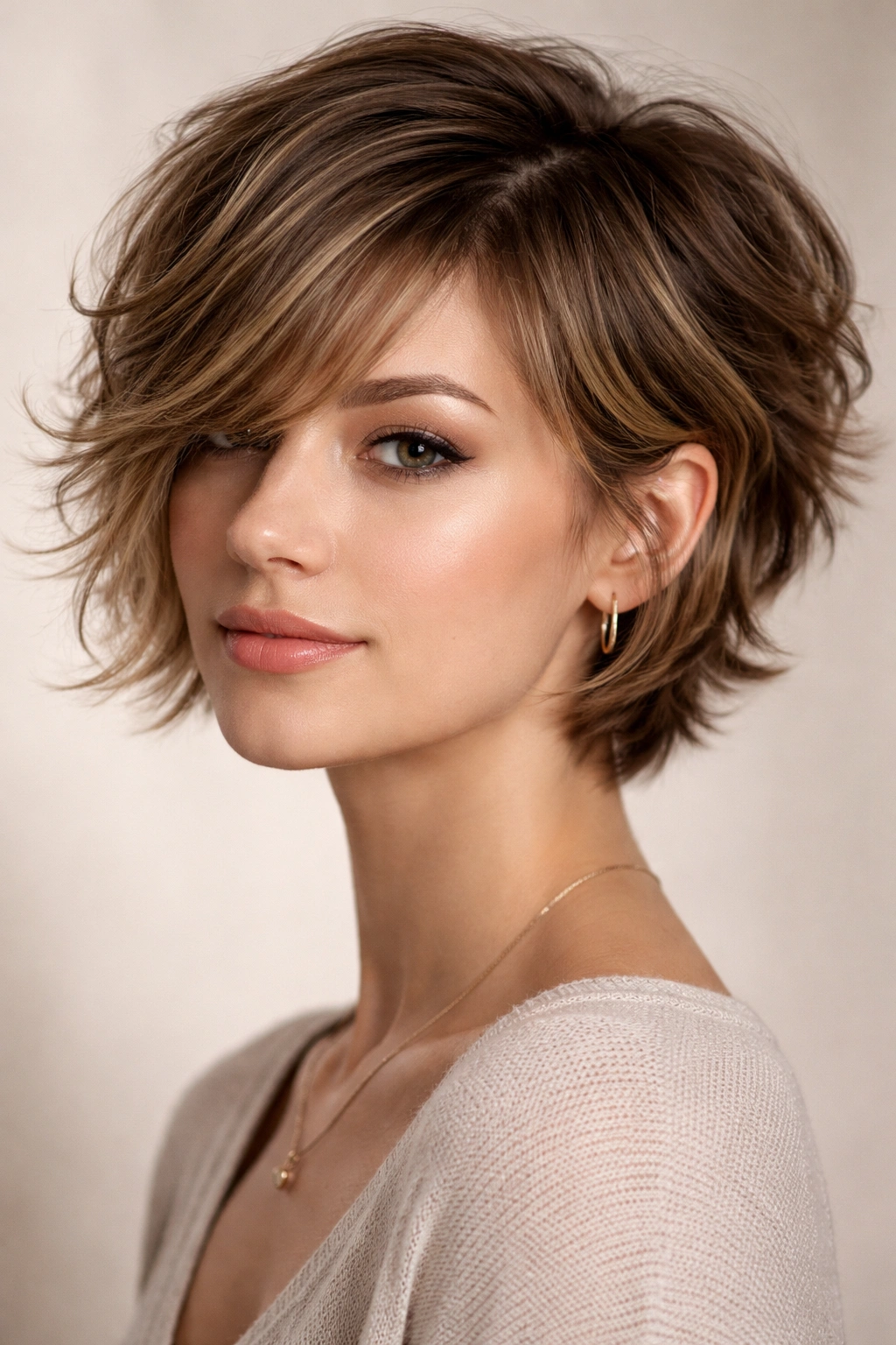 Side-swept bangs on a wavy bixie hairstyle with a one-sided frame