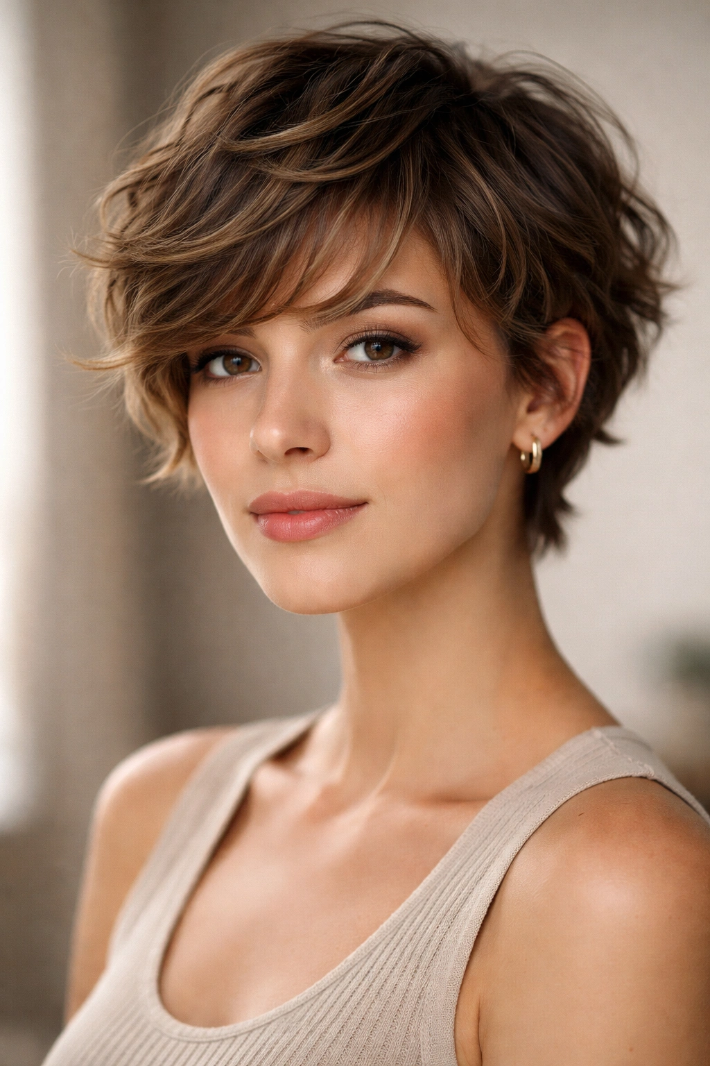 Head-and-shoulders portrait of classic wavy bixie with textured layers and natural waves