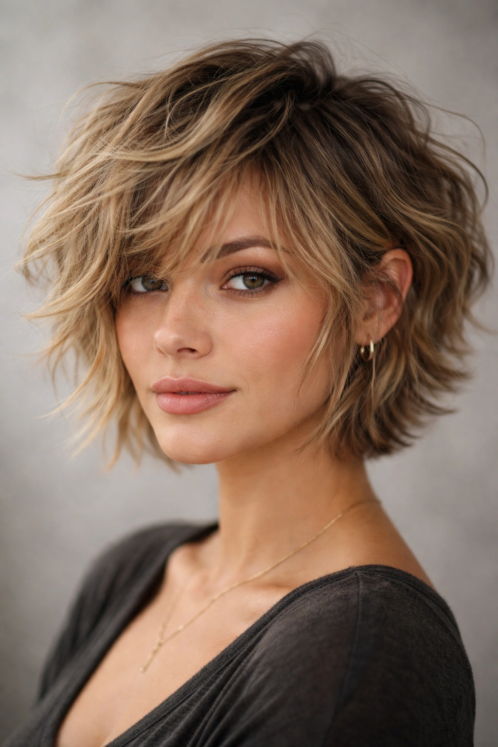 Close-up of a tousled messy wavy bixie hairstyle with soft texture in a studio