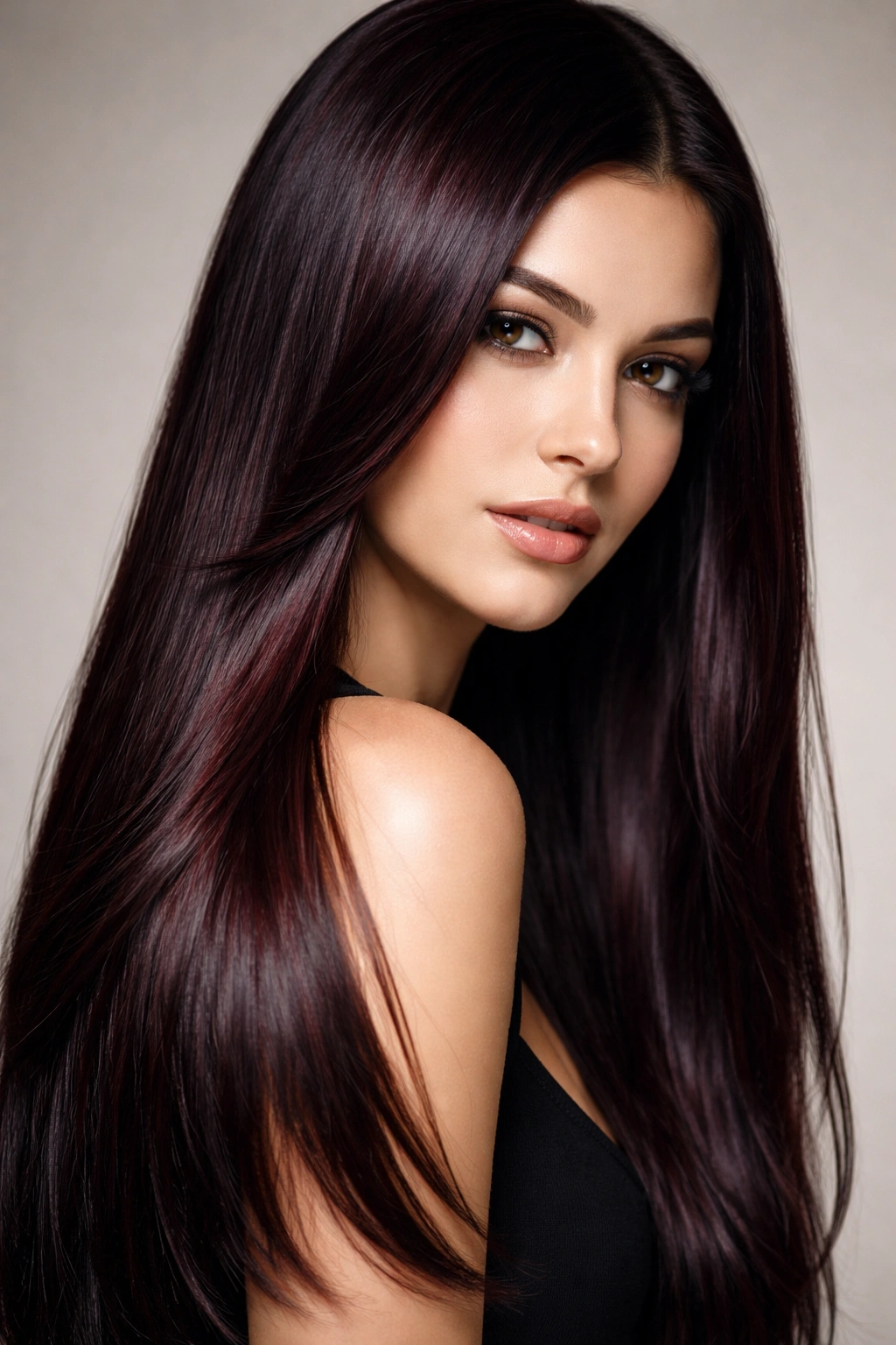 Close-up of black cherry hair with burgundy red tones on straight strands