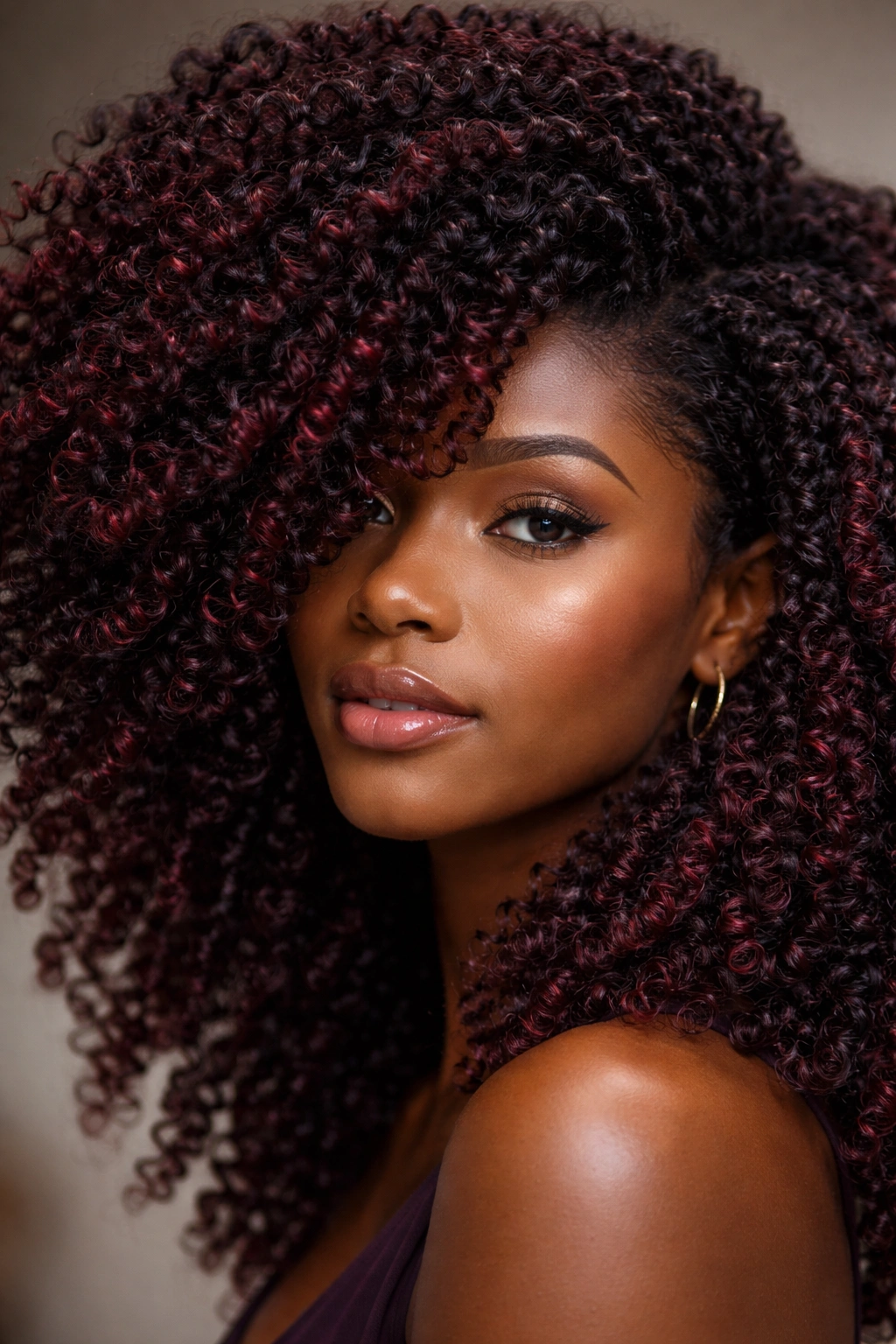 Coily hair in black cherry wine shade with burgundy undertones