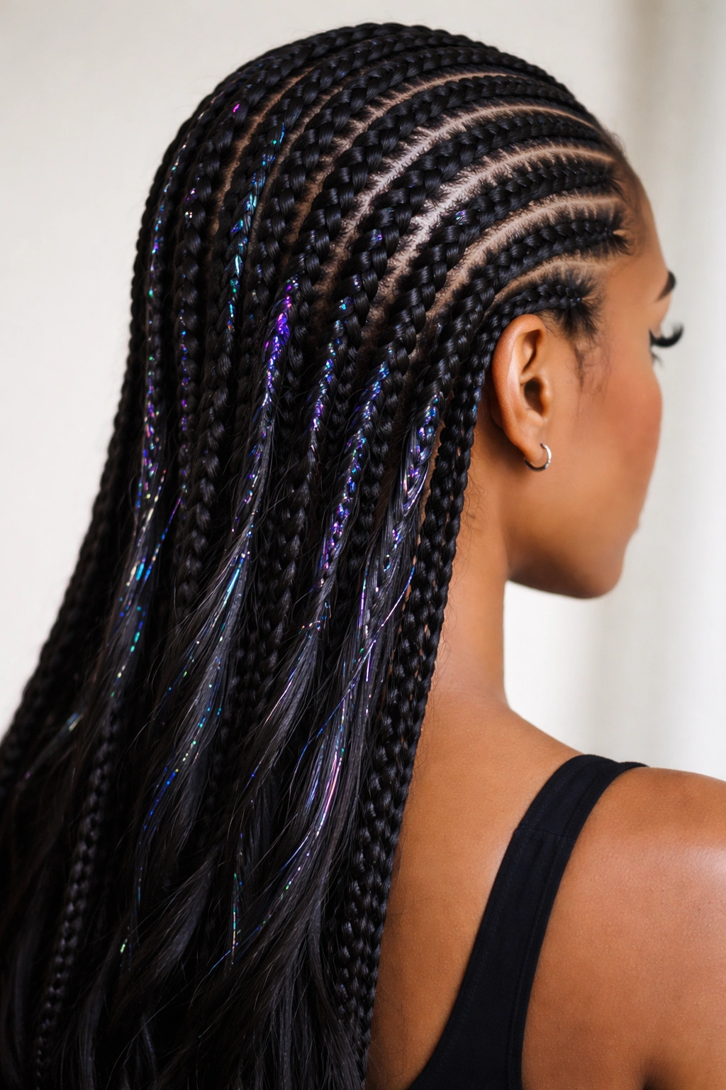 Close-up of jet black cornrows with holographic threads catching light