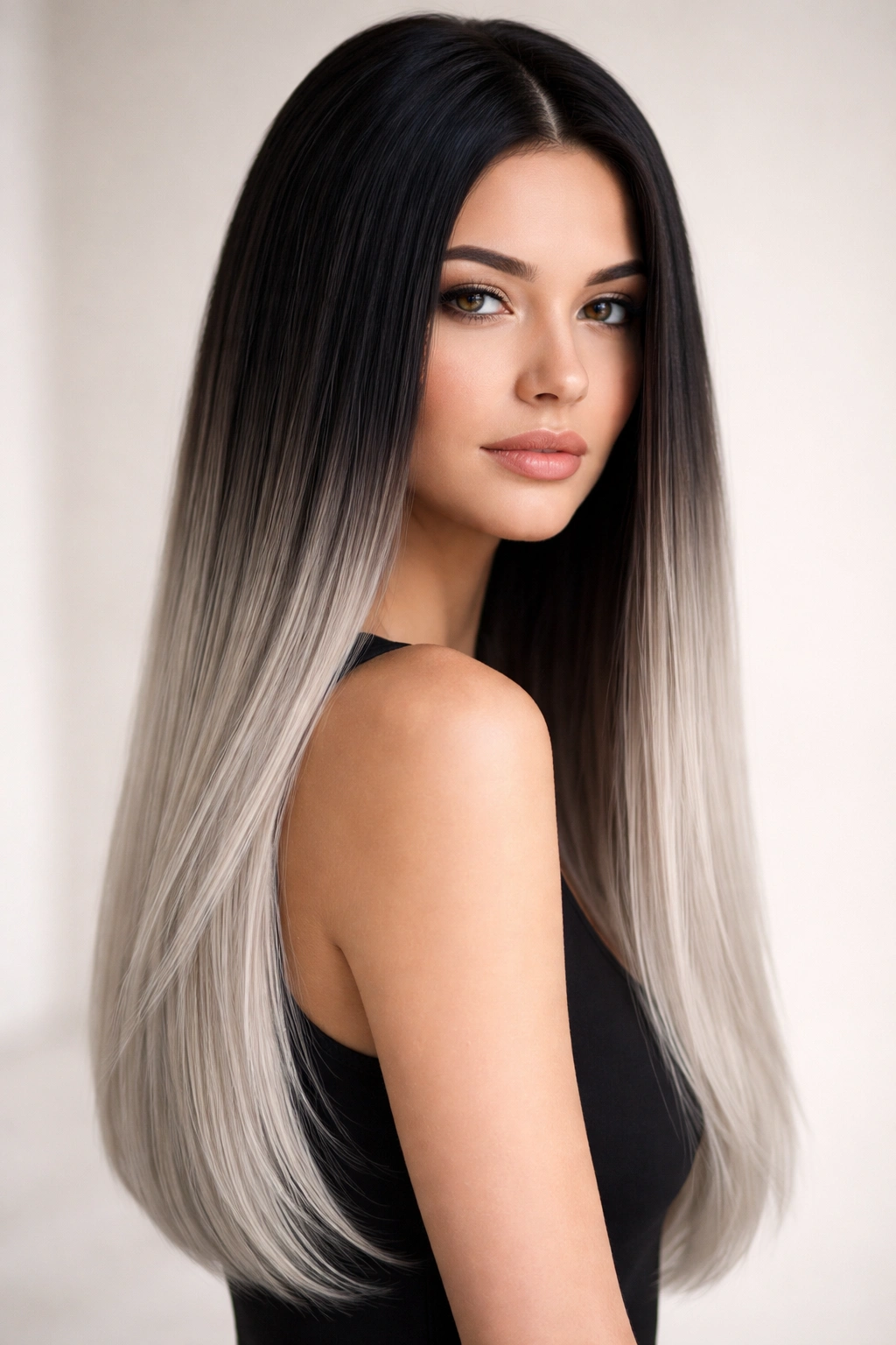 Close-up of straight hair showing a black-to-silver ombre with sharp contrast