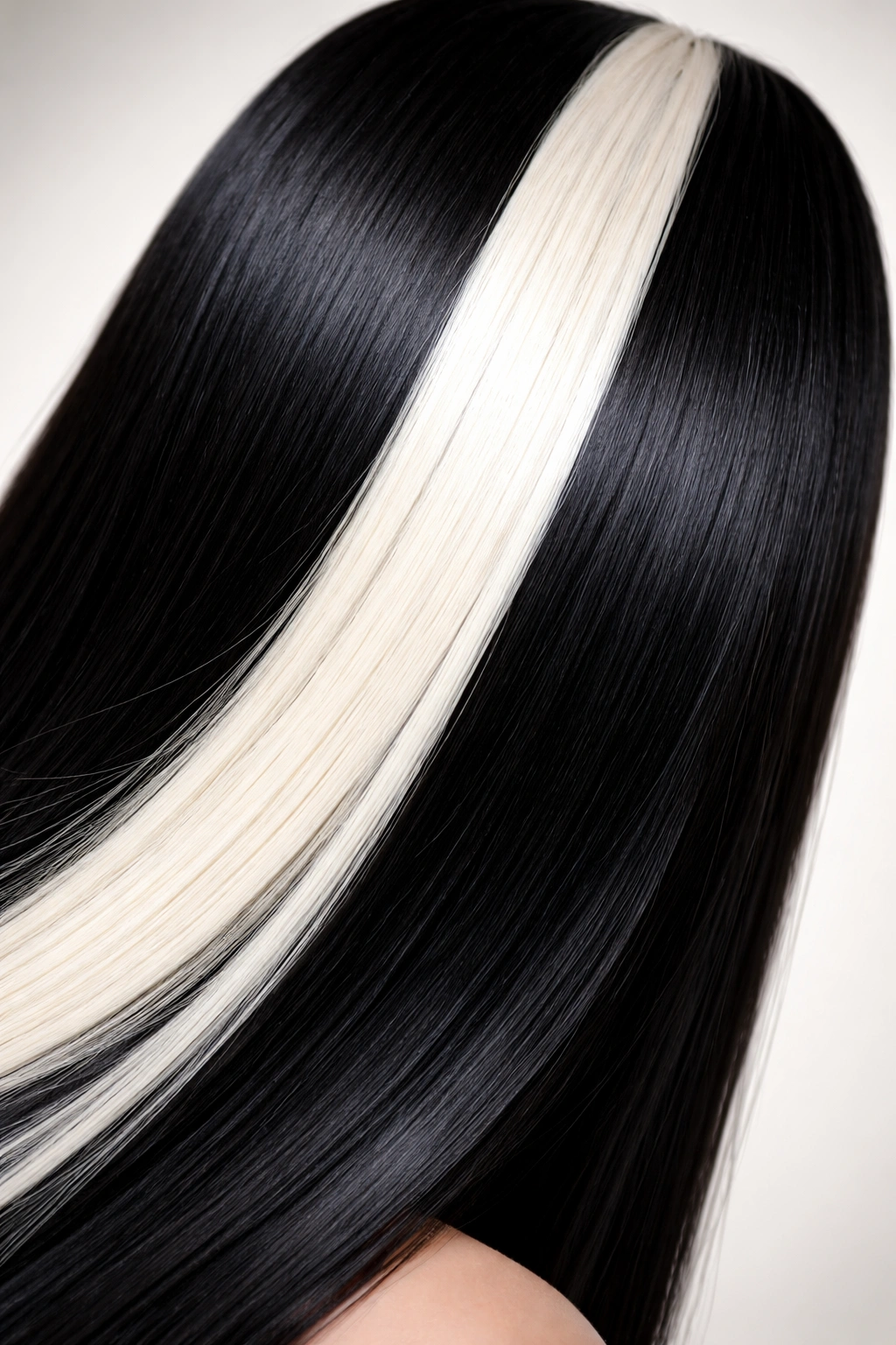 Close-up of straight hair with bold black and white skunk stripe