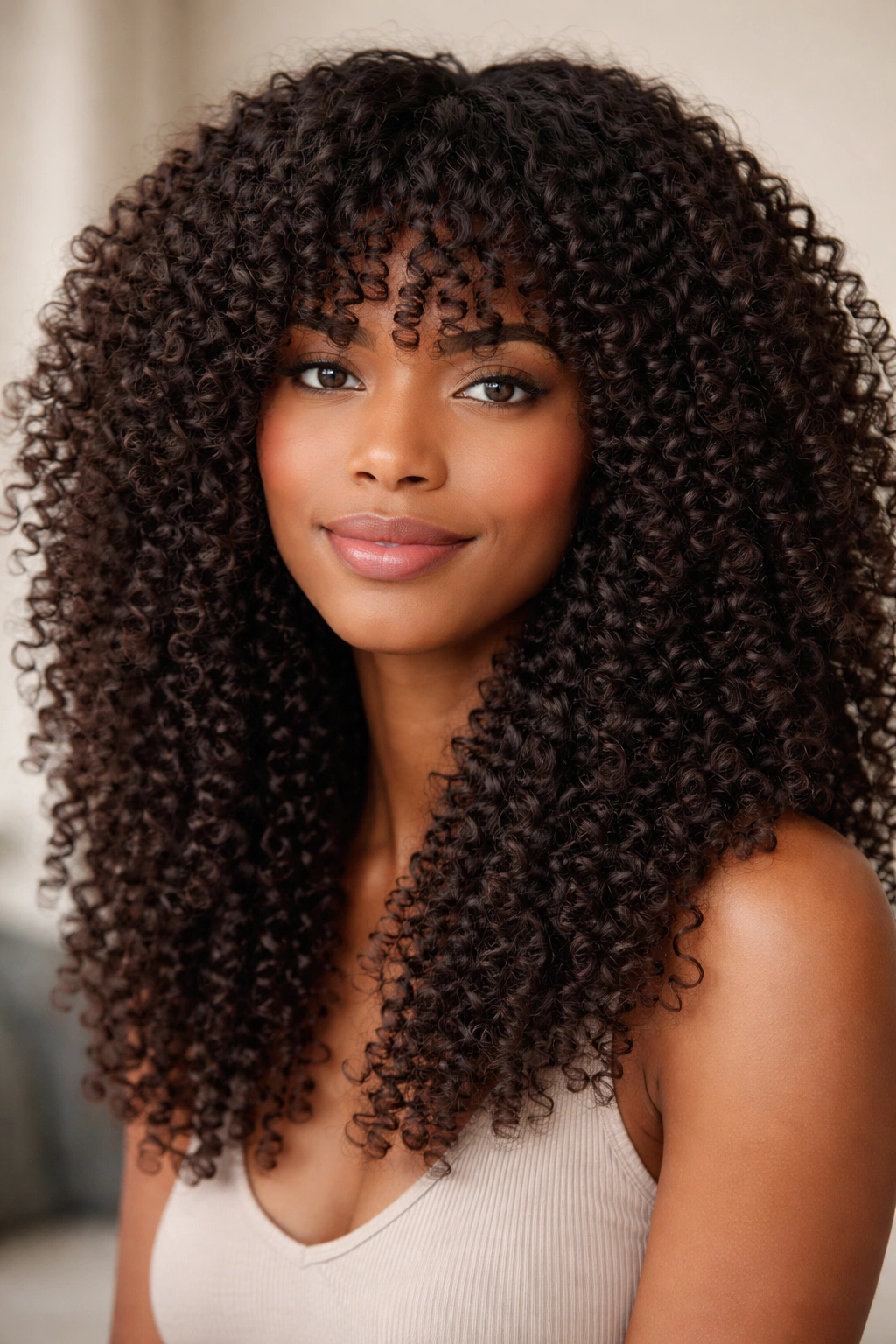 Front view of blended coil bangs blending into hair without a hard line