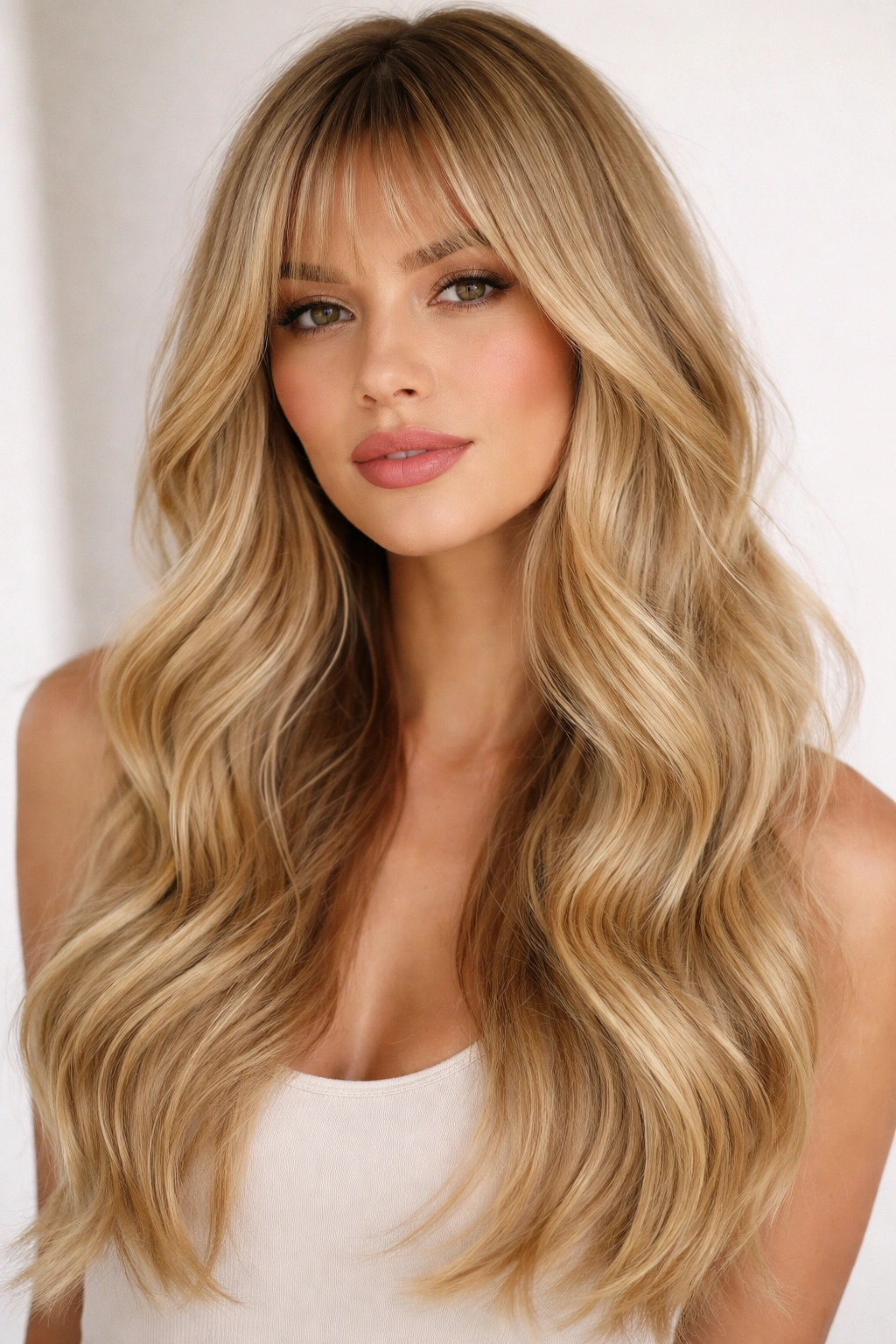 Blended bangs with modern blonde waves.