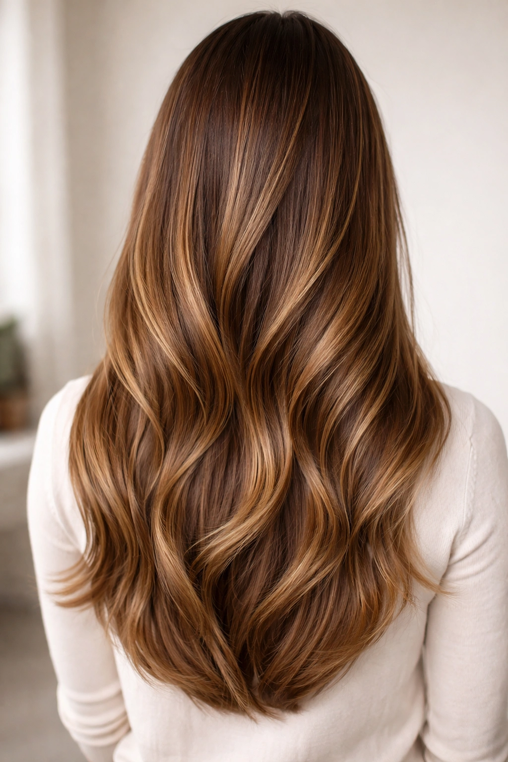 Straight hair with seamless blended caramel balayage and soft transitions