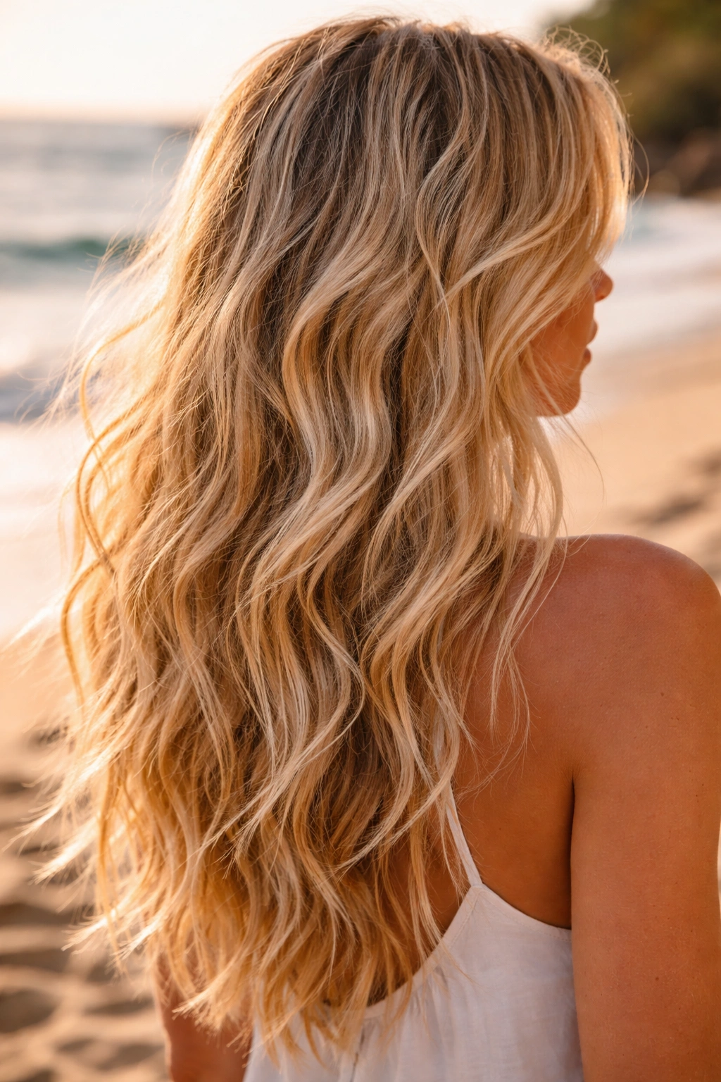 Close-up of beachy blonde waves with undone texture