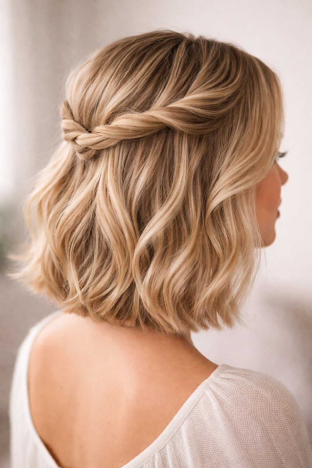 Close-up of a blonde bob featuring a classic twisted crown twist with pinned ends