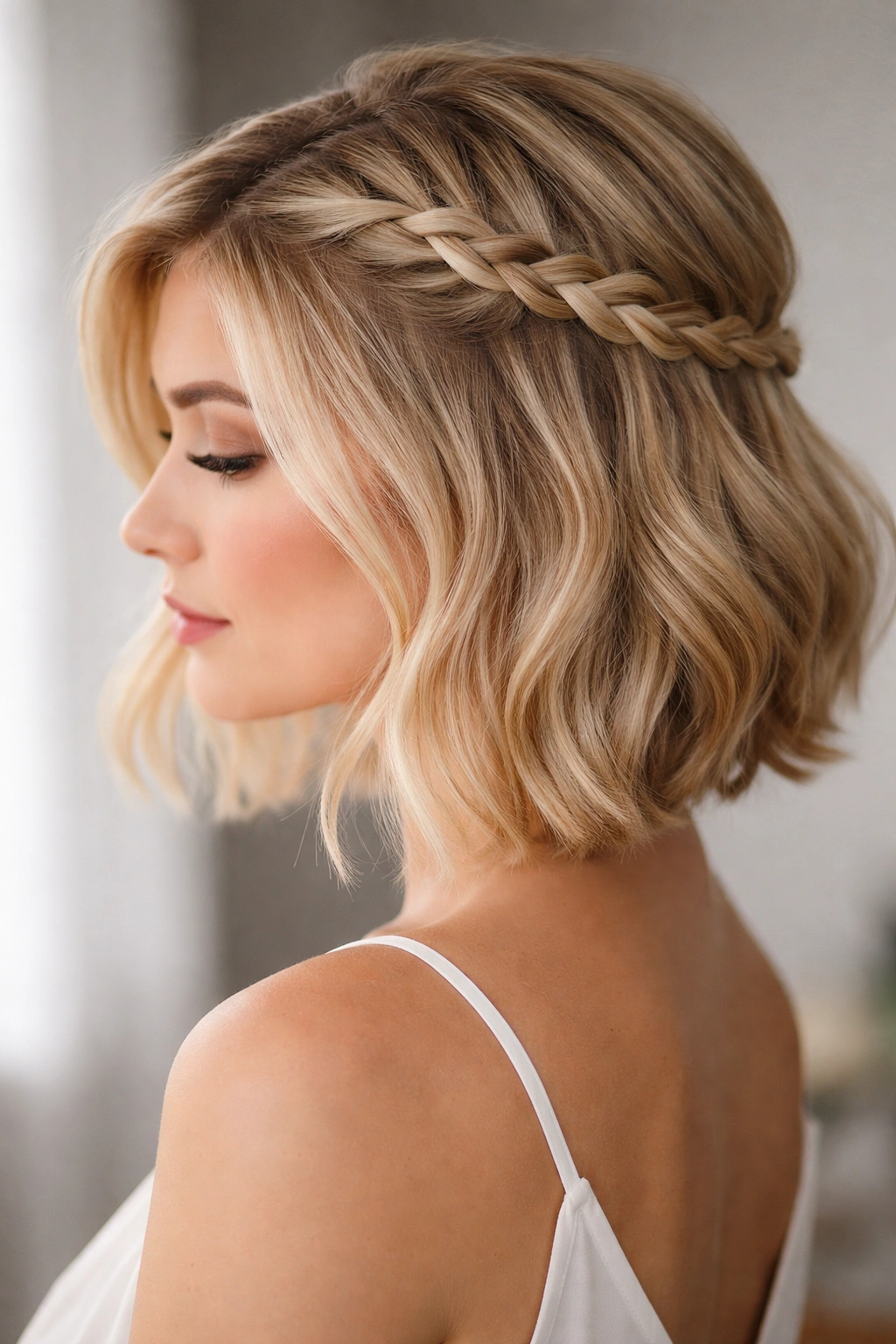 Blonde bob with a soft Dutch braid running from temple to crown