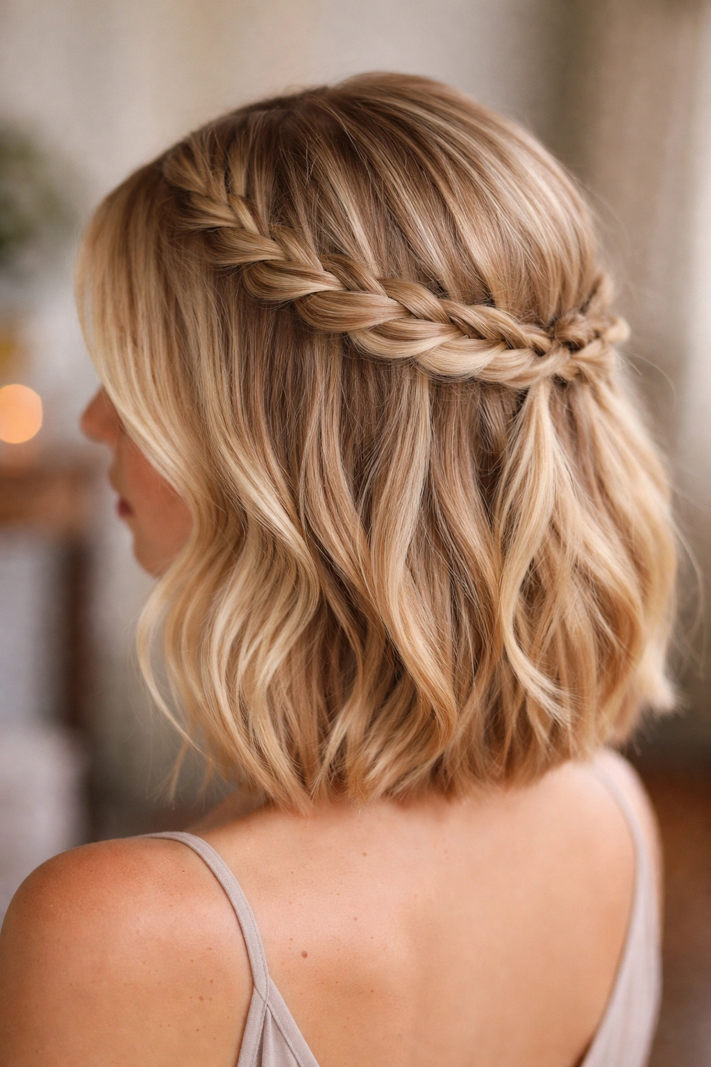 Blonde bob with a delicate braided halo around the crown
