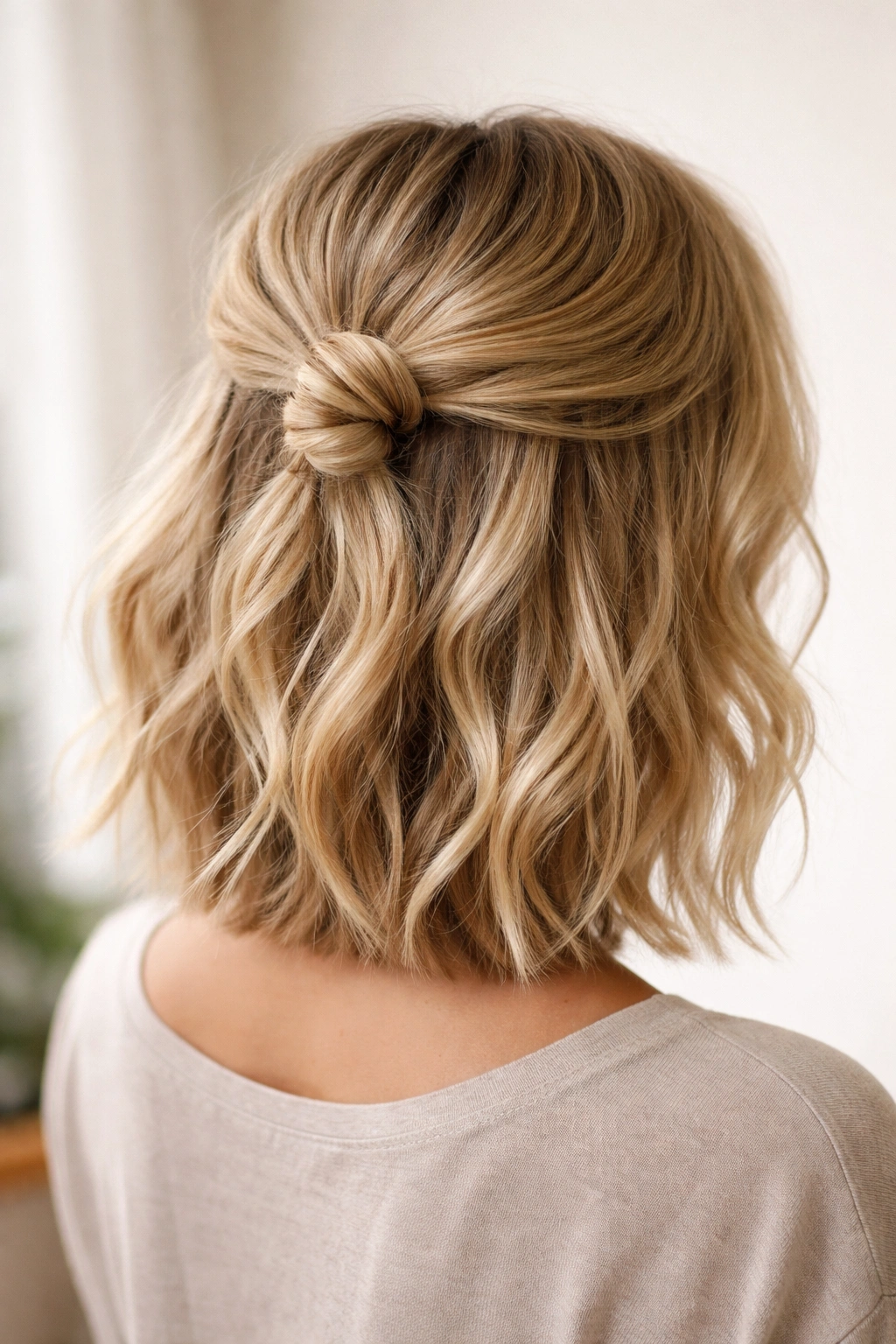 Blonde bob featuring a textured knot with loose, tousled waves