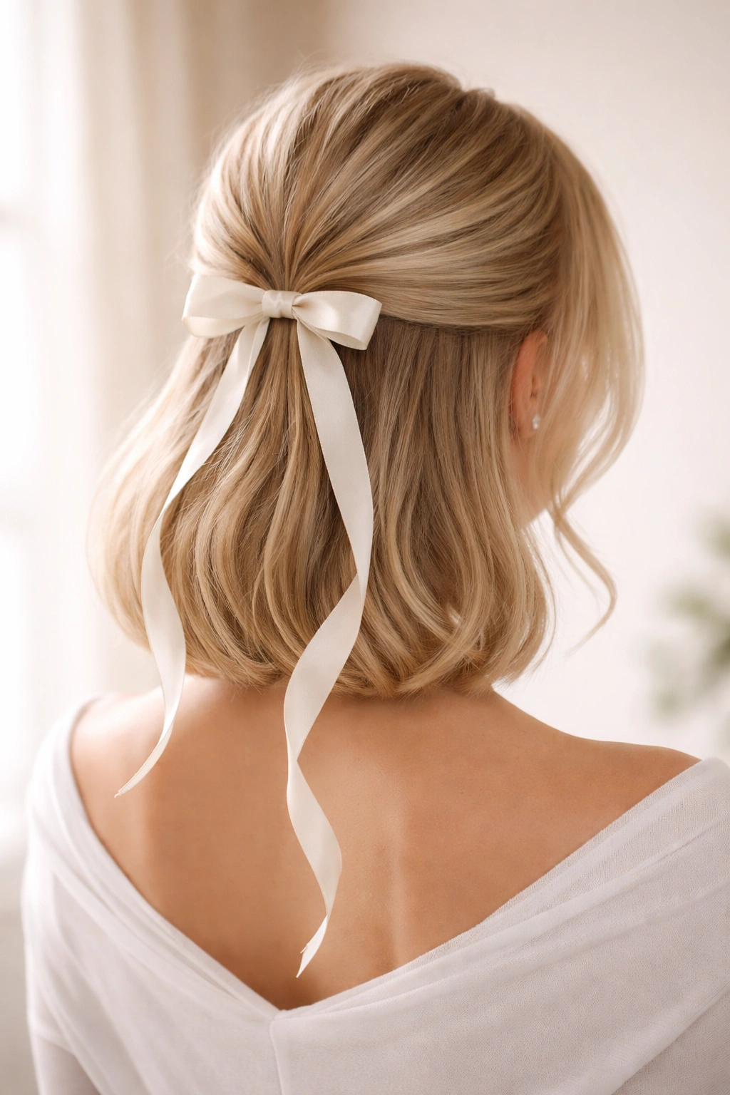 Blonde bob with a sleek half-up ponytail and ribbon detail